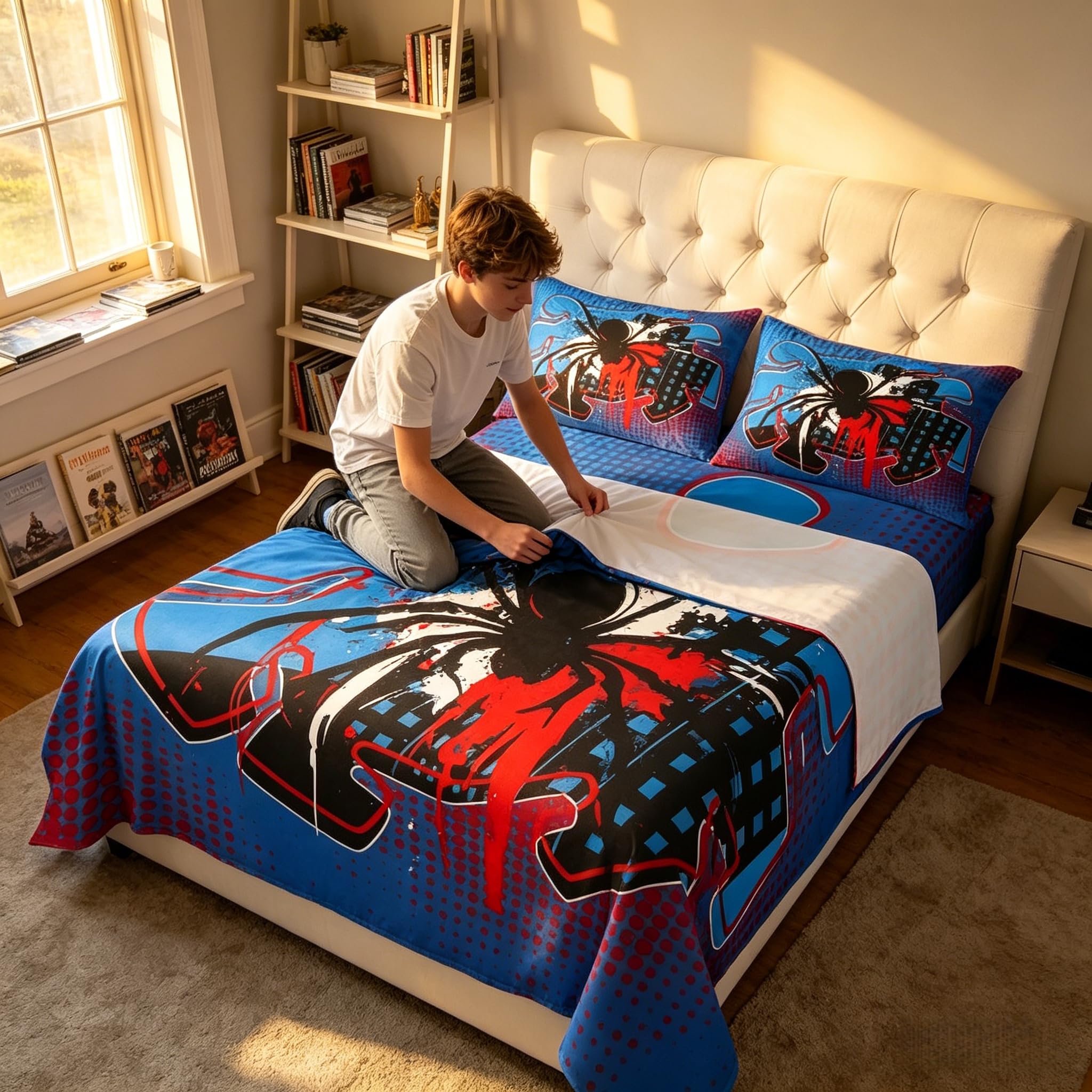 Parure de lit imprimé araignée rouge et bleu avec pois géométriques 4 pièces