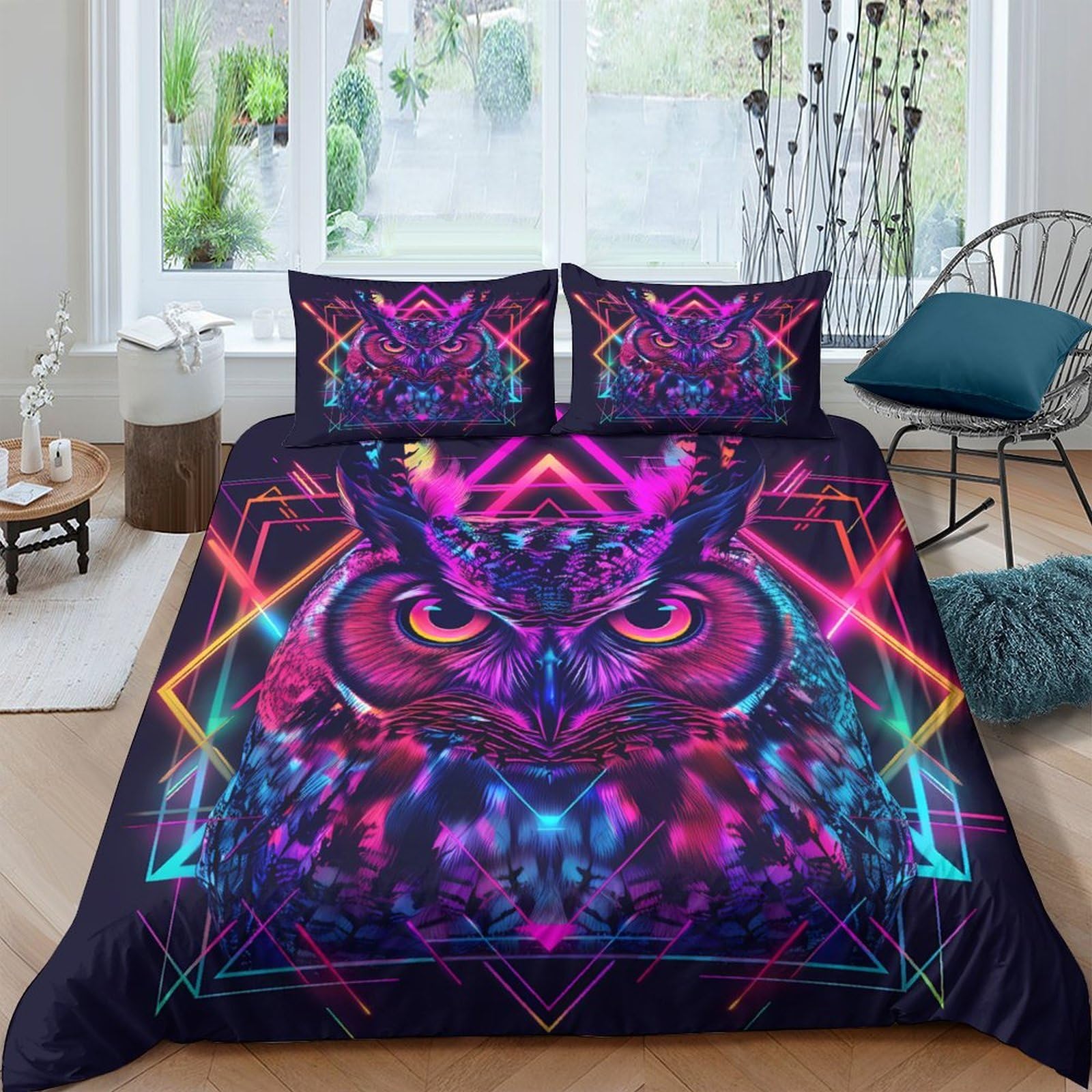 Ctjqhvkz Style-3 3D Printed Neon Owl Fitted Sheet Microfiber Soft Breathable Abstract Geometric Mattress Cover For Bedroom Dorm Decor Single（135X200cm）