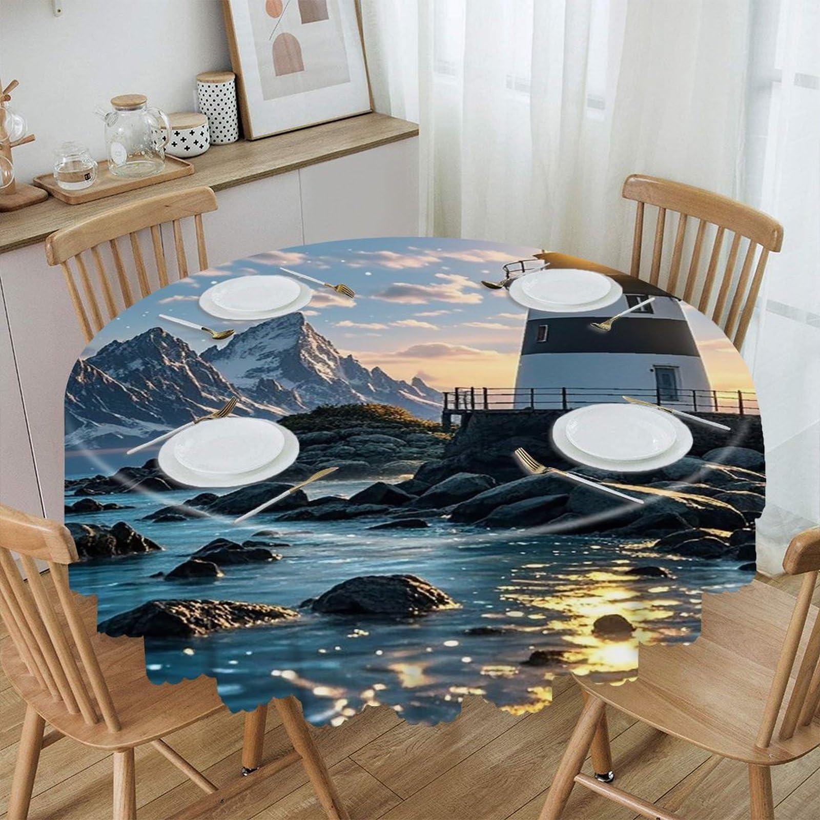 LZQPOEAS Lighthouse by The Sea Round Tablecloth Rustic Circle Table Cloth Wrinkle Resistant Decor Tablecloth Waterproof Washable Table Cover for Kitchen Party Dining Table 60 Inch