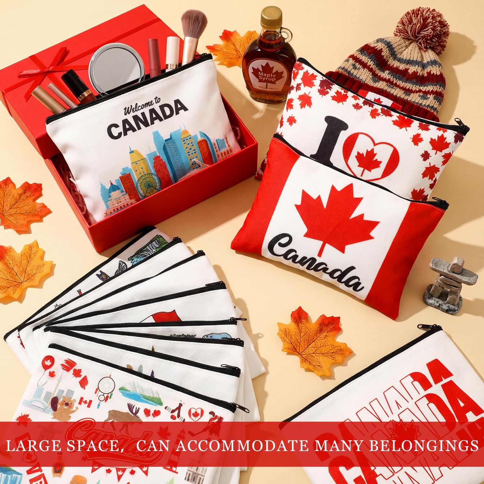 16-Piece Themed Canvas Cosmetic Bags with Zipper Pouches