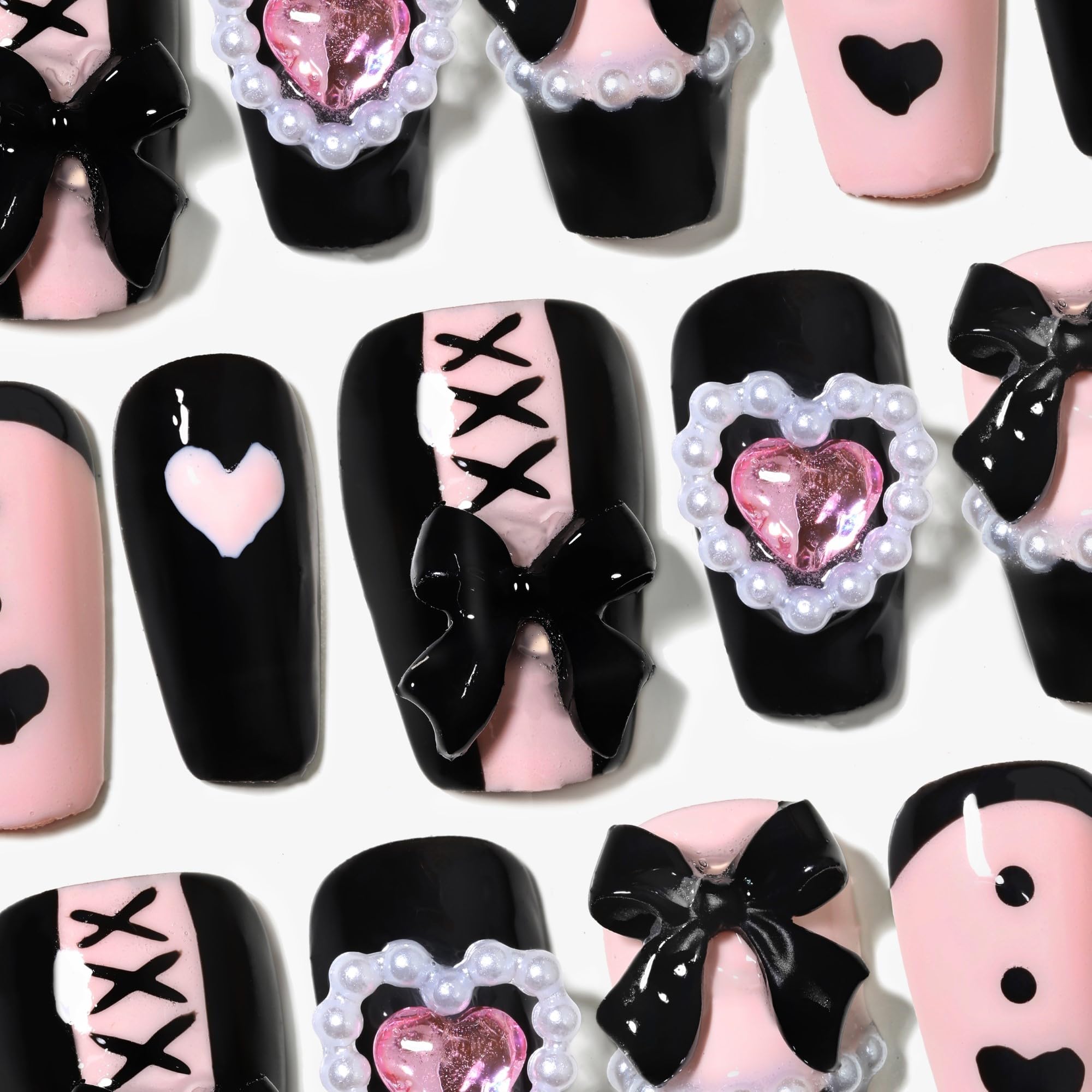 Sun&Beam Nails Handmade Press-on Square Round Trapezoid Nail Design False Nail Tips Pink and Black with Ribbon Stylish 10 Pcs Set (#149 L) - Image 4