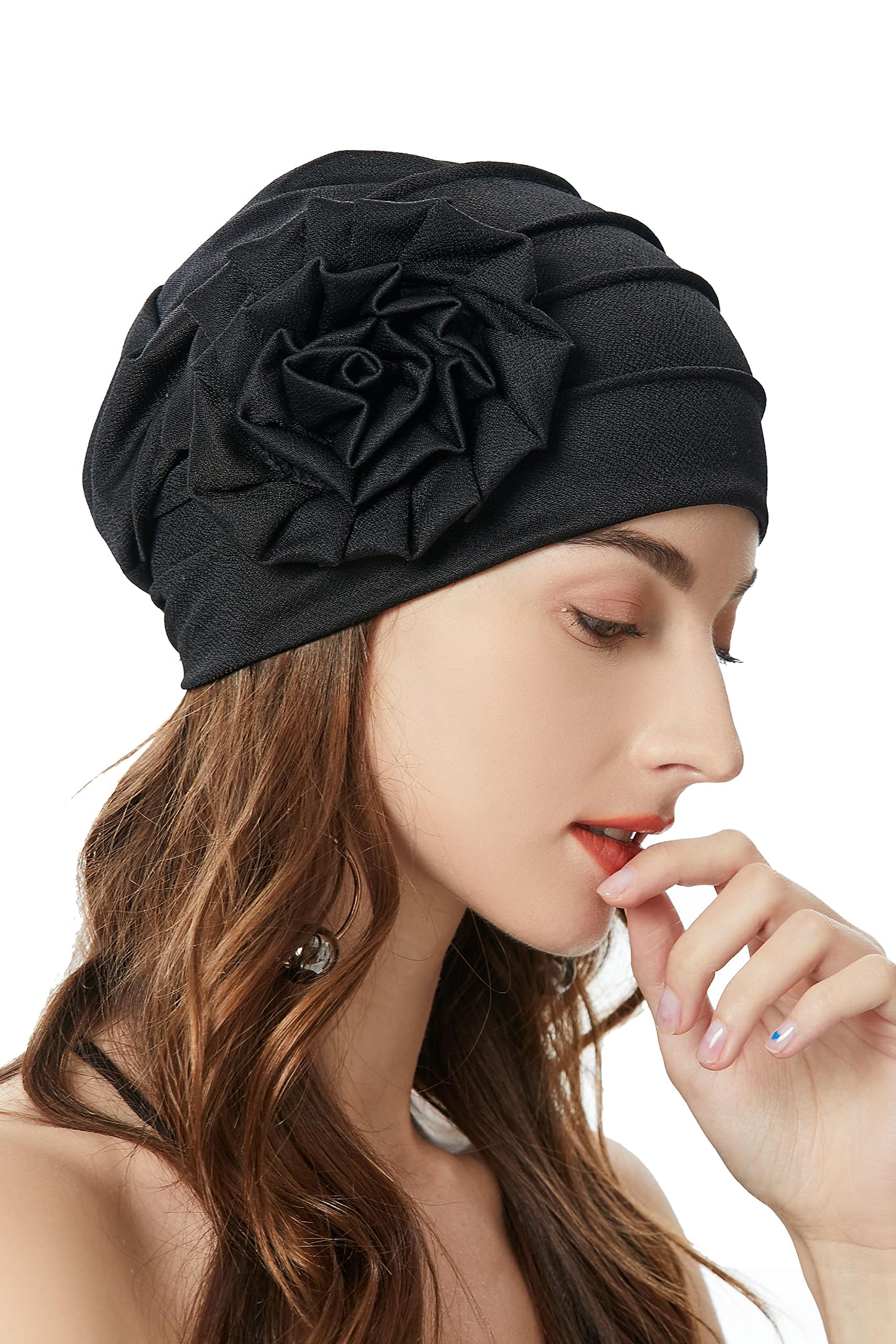 Women's Turban Beanie Hat with Flower - Elastic Chemo Headwear, Floral Head Wrap Cap, Black