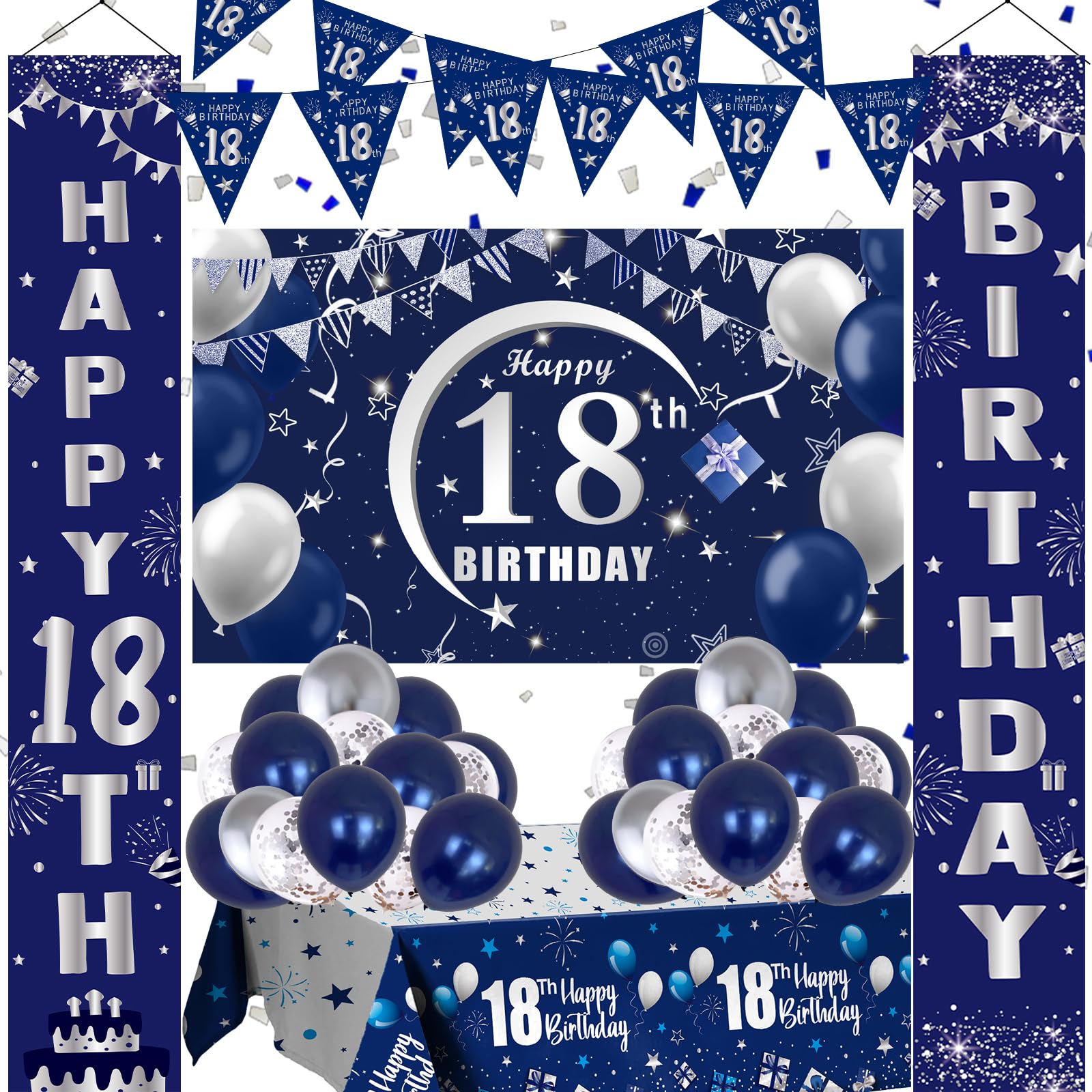 18th Birthday Decorations for Boys and Girls Blue, Happy 18th Birthday Door Backdrop Banner Balloons 18 Years Old Birthday Porch Sign Party Supplies