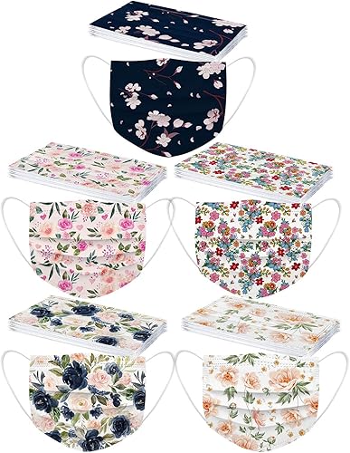 Jtckarpu Paquete de 50 mascarillas faciales florales para mujer, para el cuidado de la piel, desechables, flores, gruesas, 3 capas, de primavera,