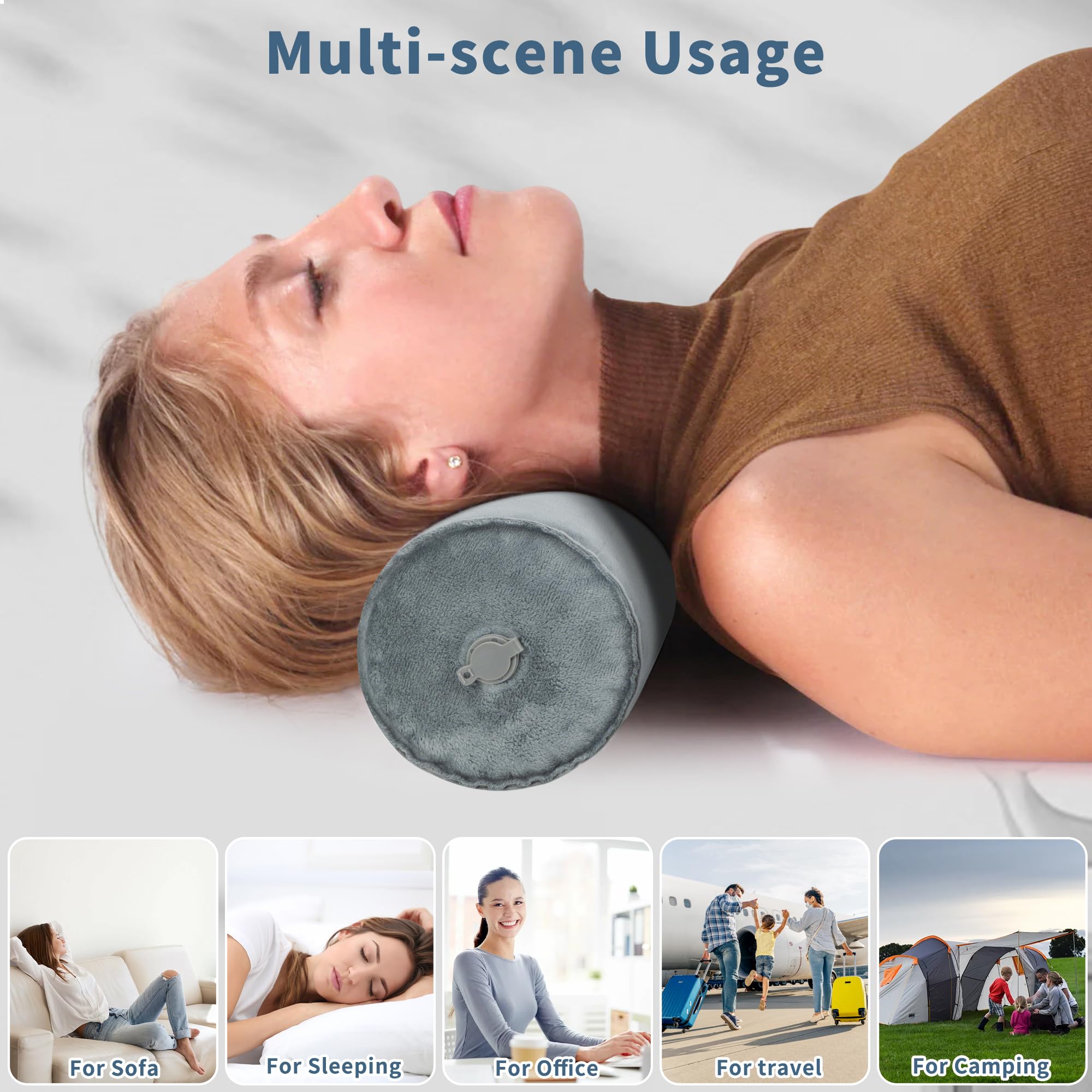 Almohada Cervical Inflable De Viaje - Suave Terciopelo, Compacta Y Ajustable Para Cuello, Espalda O Piernas