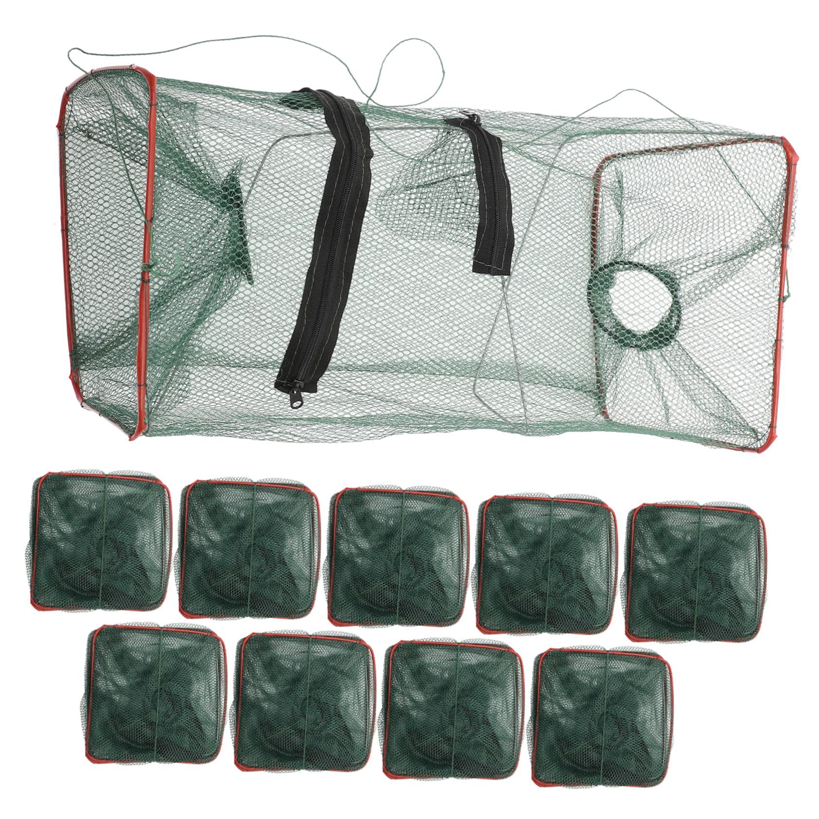 Gabbia da Pesca Rettangolare Pieghevole 10 Pezzi in Nylon | Capacità Ampia, Rosso, Doppia Tasca Cerniera, Uso Indoor per Acquacoltura, Adatta a Gamberi e Pesci Colore Casuale