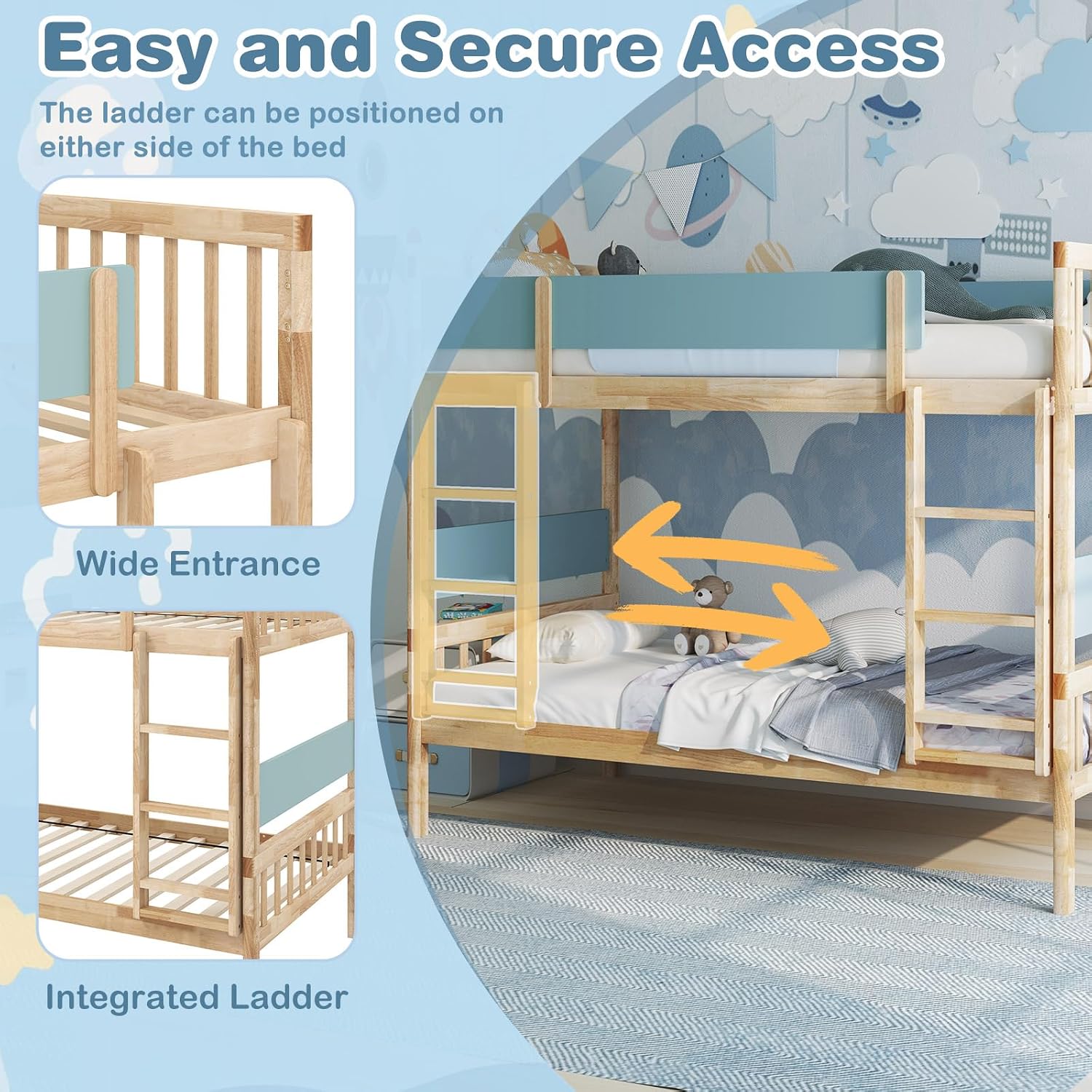 Bunk bed ladder access and wide entrance