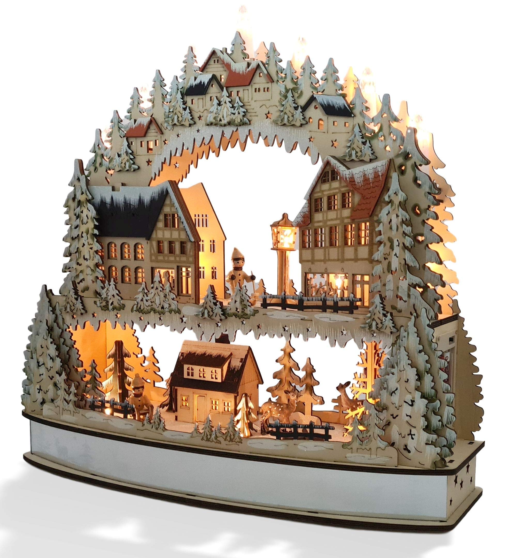 Wichtelstube-Kollektion XXL Schwibbogen mit Podest + LED Beleuchtung, Lichterbogen mit Erhöhung, Schwippbogen beidseitig bemalt, Weihnachtsdeko innen Weihnachtsdeko Fenster aus Holz