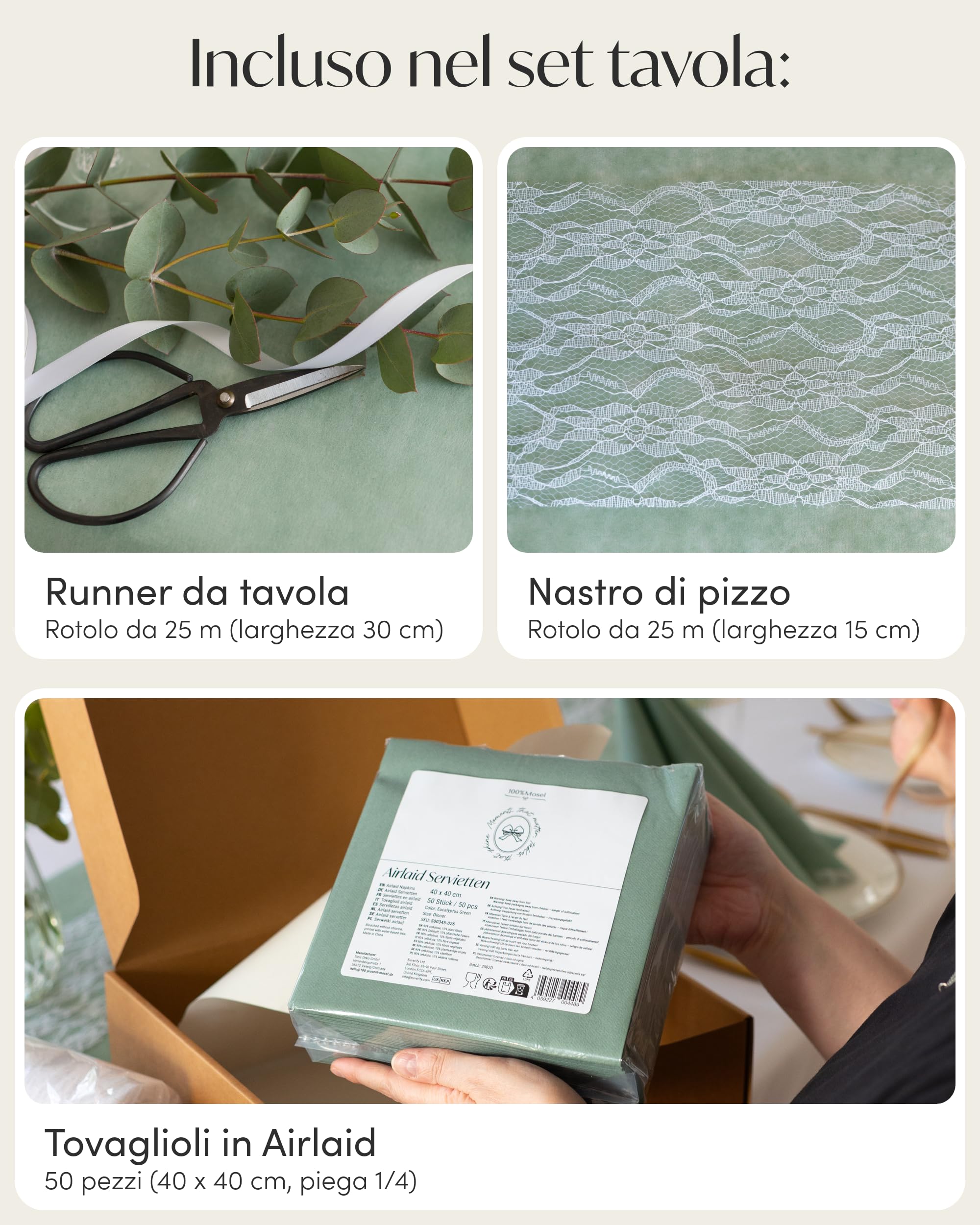 100% Mosel Kit decorazione per la tavola – Verde Eucalipto & Bianco | 25–50 ospiti – Runner in TNT & Pizzo con Tovaglioli airlaid – Kit completo per Matrimonio, Battesimo & Comunione