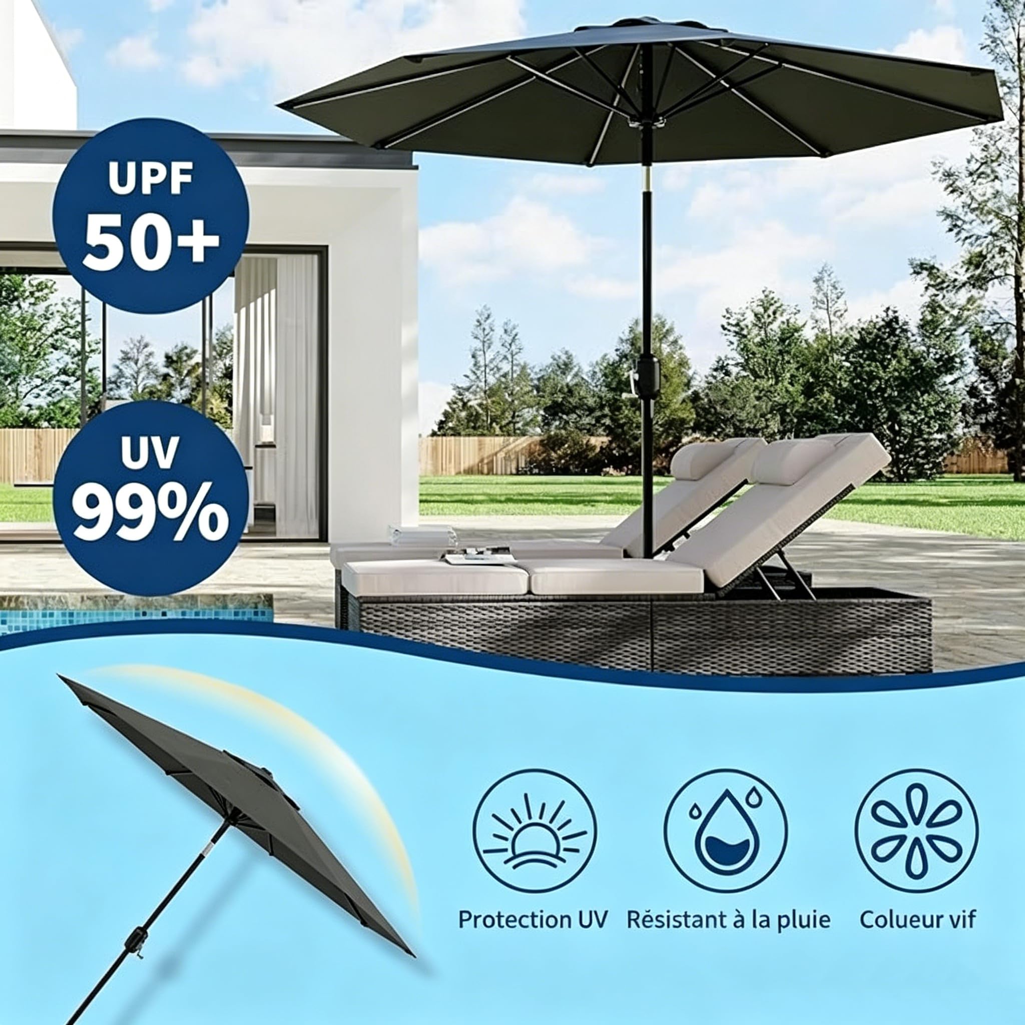 Parasol Jardin 270cm UV50+ Manivelle Inclinable 8 Baleines
