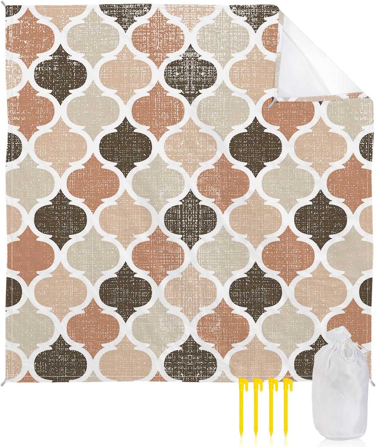 Geometric Morocco Lattice Plaid Beach Blanket Waterproof Sandproof Outdoor Picnic Mat 83"x79" Retro Plaid Lightweight Large Beaach Blankets with 4 Stake & 4 Corner Pockets