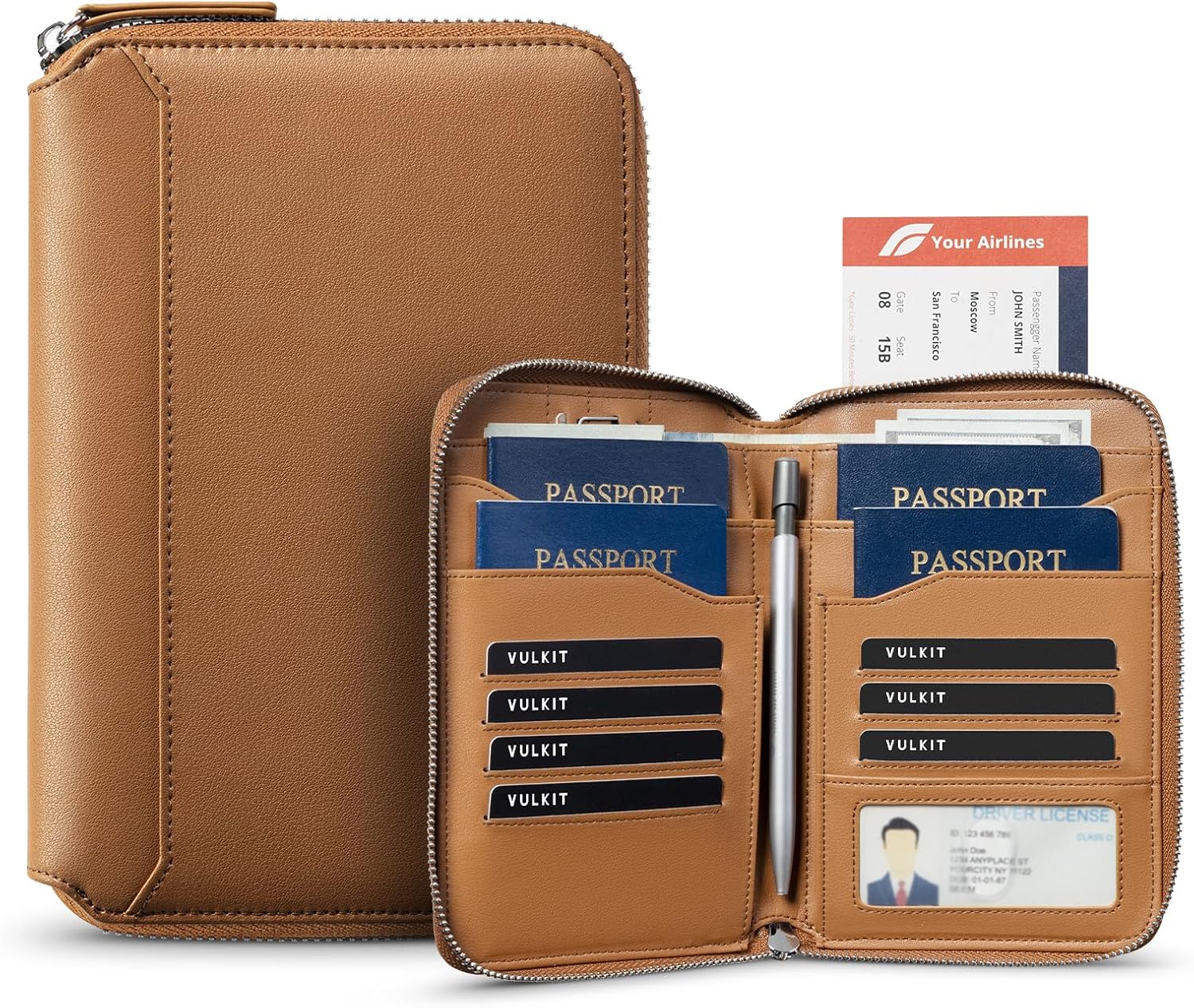 VULKIT Leather Passport Holder for 4-8 Passports Family RFID Blocking Passport Wallet with Zipper Travel Documents Organizer for Men or Women (Brown)