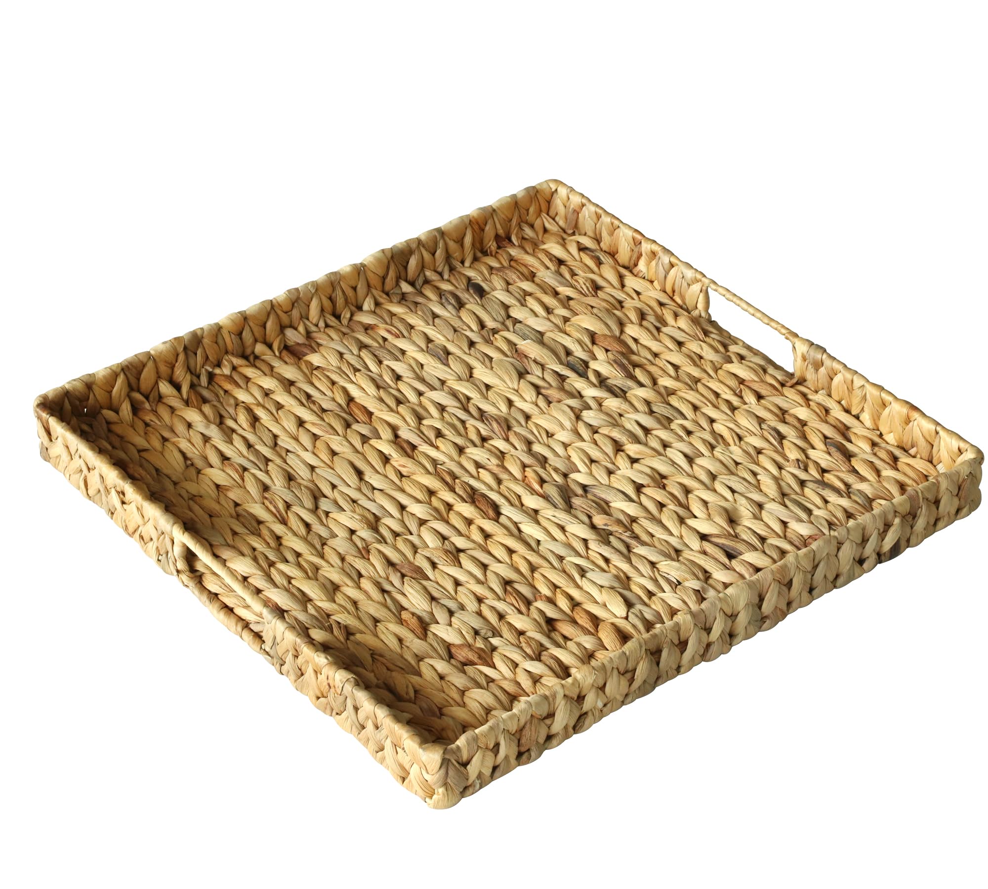 Extra Large Square Ottoman Table Tray 19.7" with Handles - Water Hyacinth Wicker Serving Tray for Farmhouse Decorative Oversized Coffee Table Trays Living Room Kitchen Counter Breakfast (Flush Edge)