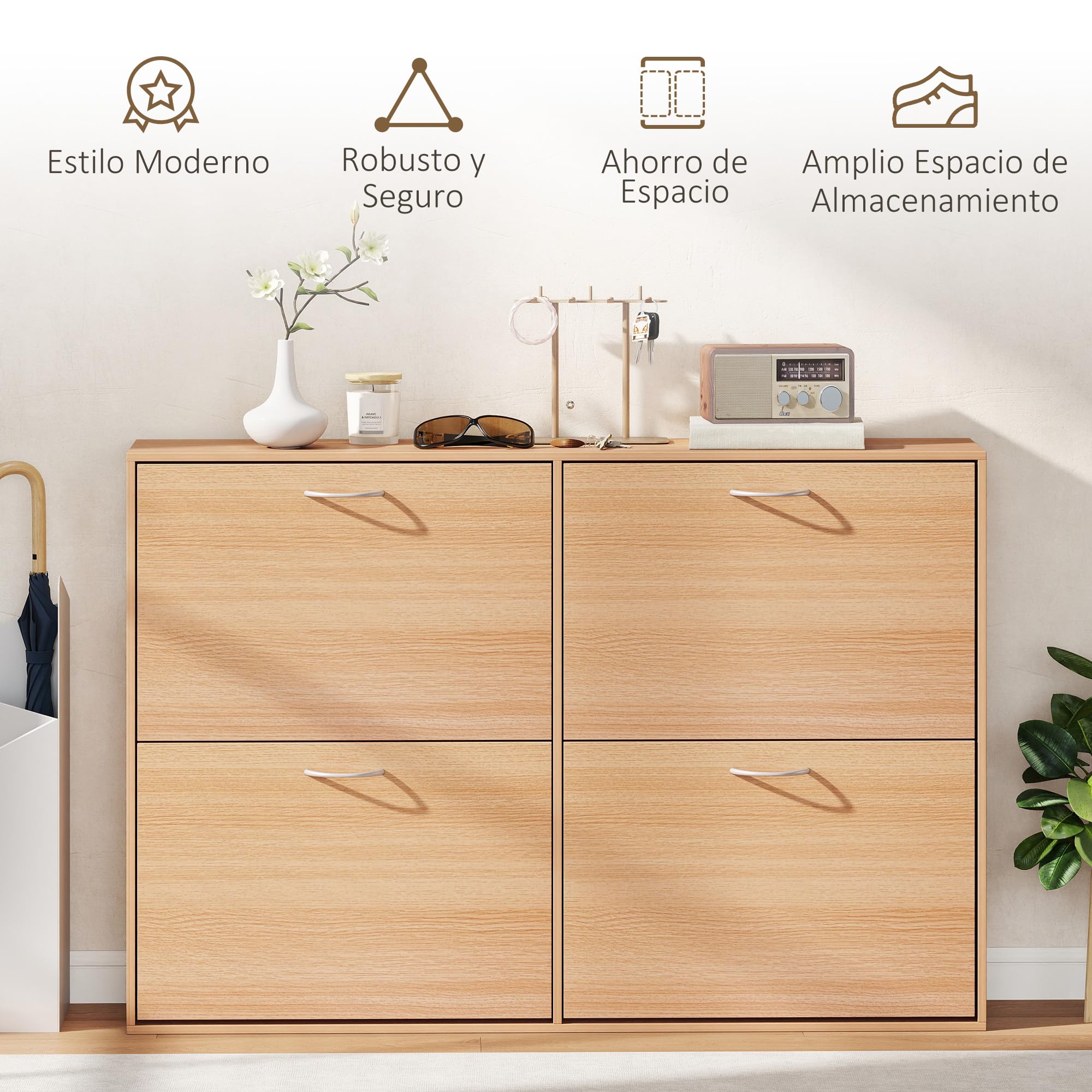 HOMCOM Zapatero Estrecho 4 Puertas, Zapatero Entrada Recibidor con Estantes Ajustables, para 16-24 Pares de Zapatos, para Pasillo, Espacios Reducidos, 120x24x81 cm, Natural