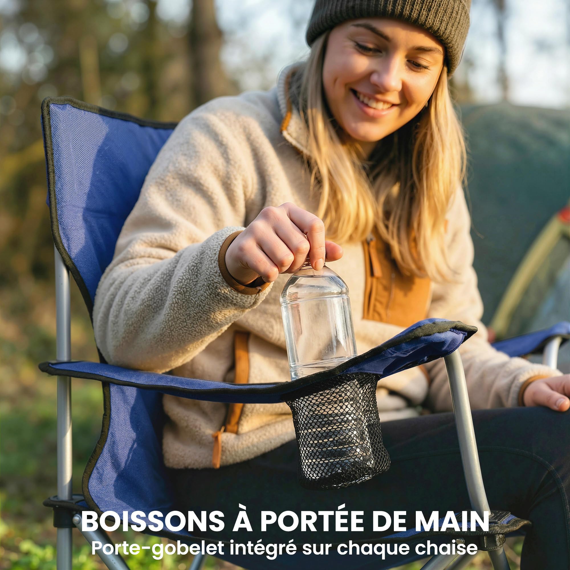 Outsunny Lot de 2 Chaises de Camping Pliantes, avec Porte-Gobelet, Sac de Transport, Accoudoirs et Dossier Haut, Chaise Pliante Camping pour Jardin Pêche, Charge 120 kg, Bleu Foncé