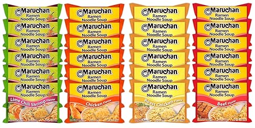 Maruchan Ramen - Mezcla variada de sopa de fideos instantáneos, 24 paquetes, 4 sabores, paquete de 6 camarones con chile lima, paquete de 6 pollo,