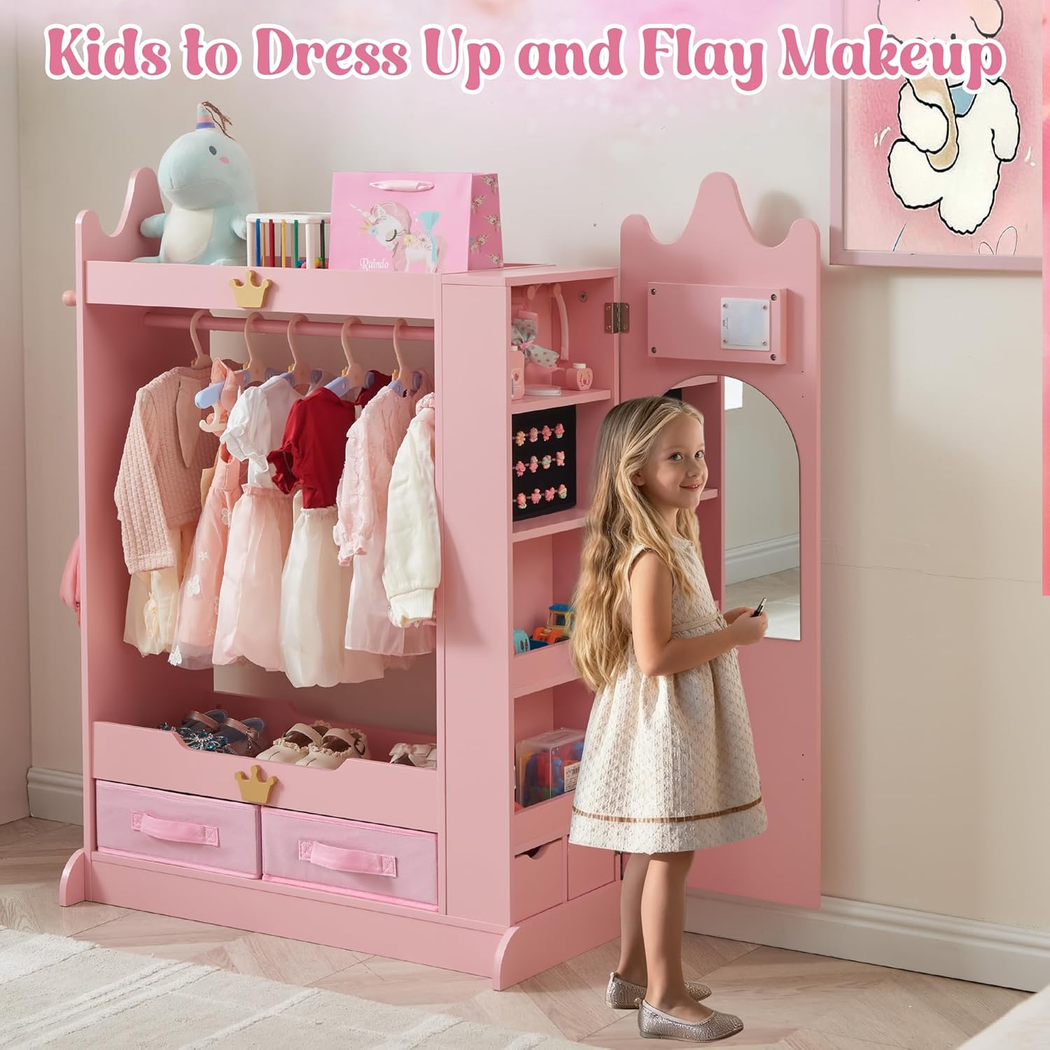 Dress Up Storage, Kids Armoire Closet with Mirror and Shelves, Princess Dress Up Rack for Little Girls, Kids Clothing Rack Wardrobe Closet for Bedroom, Playroom, Girls (Pink)