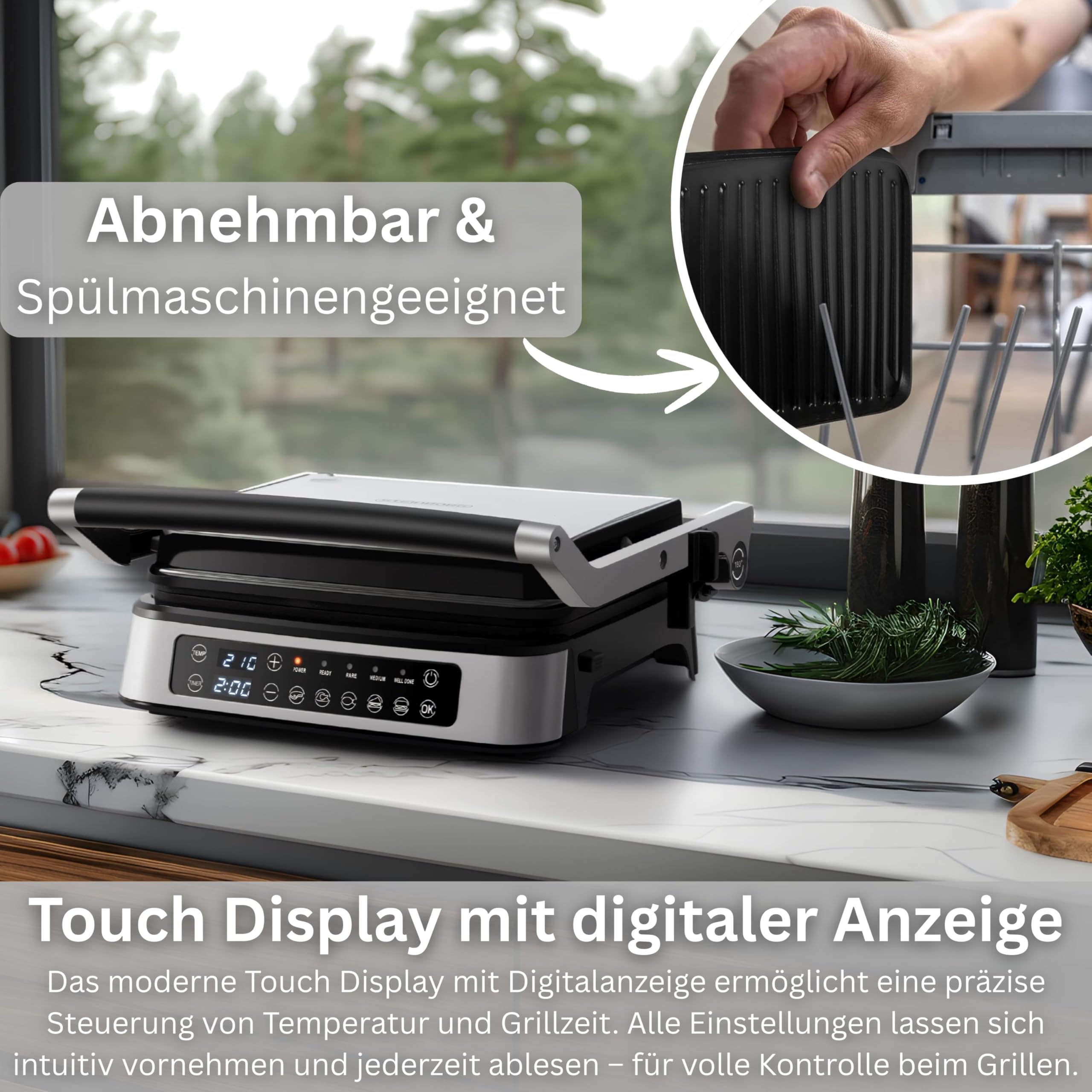 Zilan Digitaler Kontaktgrill abnehmbare Platten spülmaschinengeeignet 2000W Touch Bedienung, 5 Programme elektrischer Grill - Tischgrill - Temperatur- & Timeranzeige - Panini-, Sandwich- & Steakgrill