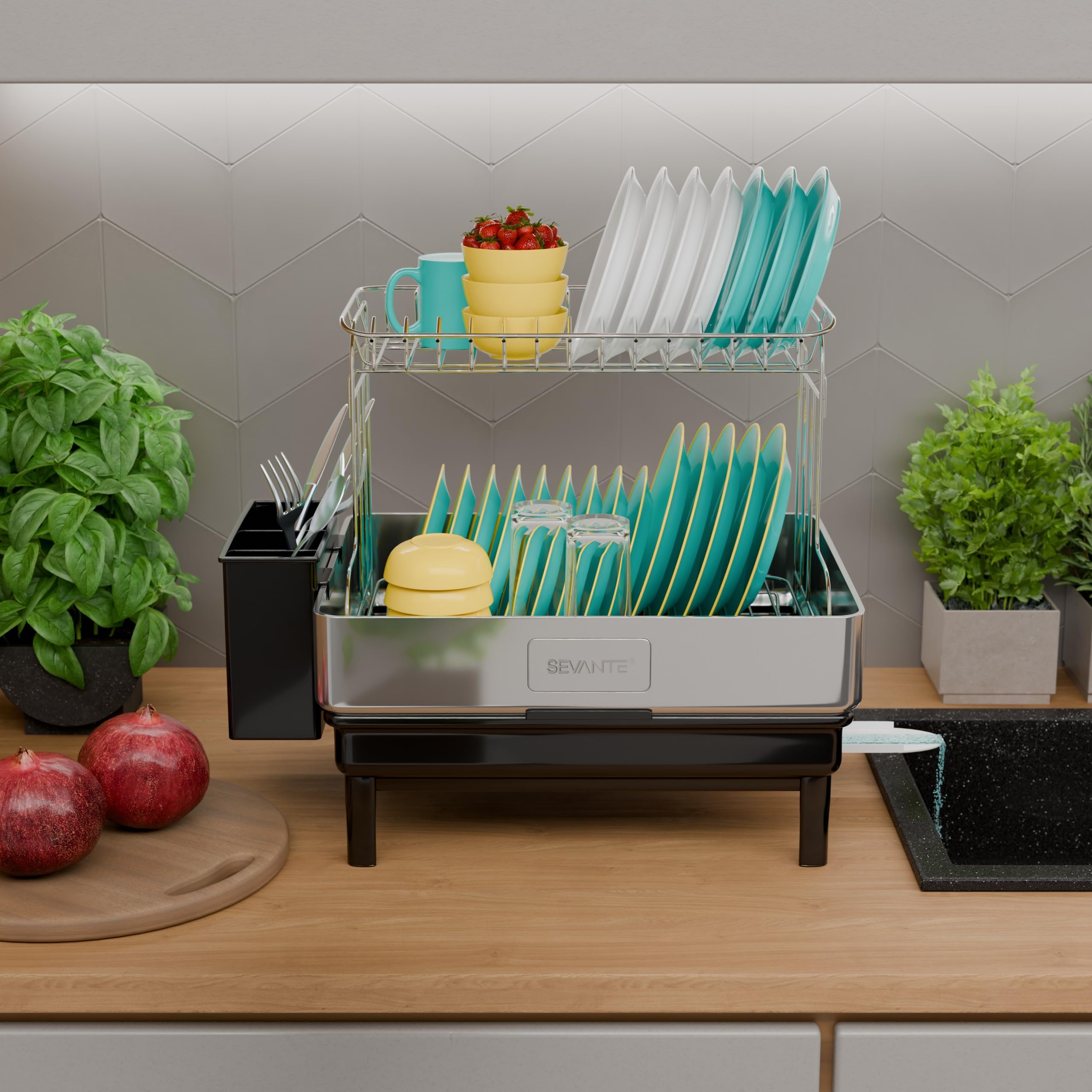 Abtropfgestell Geschirr Edelstahl Schwarz 48,5x32x38,5 cm - Geschirrabtropfgestell Kitchen - Geschirrständer - Moderne Abtropfgestell - Dish Drainer