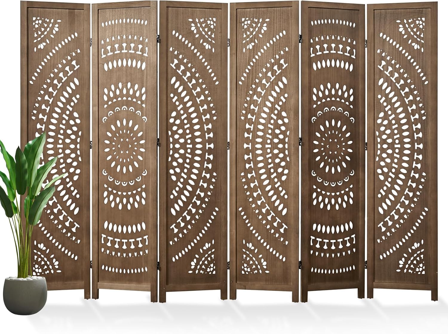 66.9Inch Folding Room Divider, 6 Panels Wood Carved