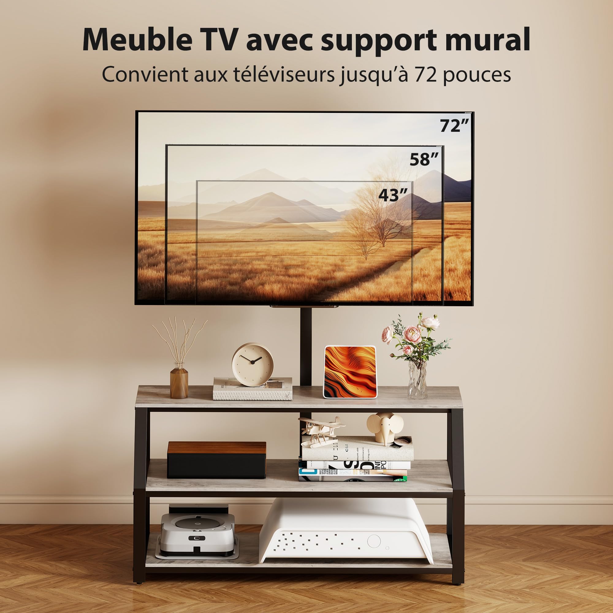 HOMCOM Meuble TV 110 cm avec Support pour Téléviseurs 72 Pouces, Gris | Meuble Télé, 2 Étagères Ouvertes, Cadre en Métal, Banc TV, pour Salon, Chambre