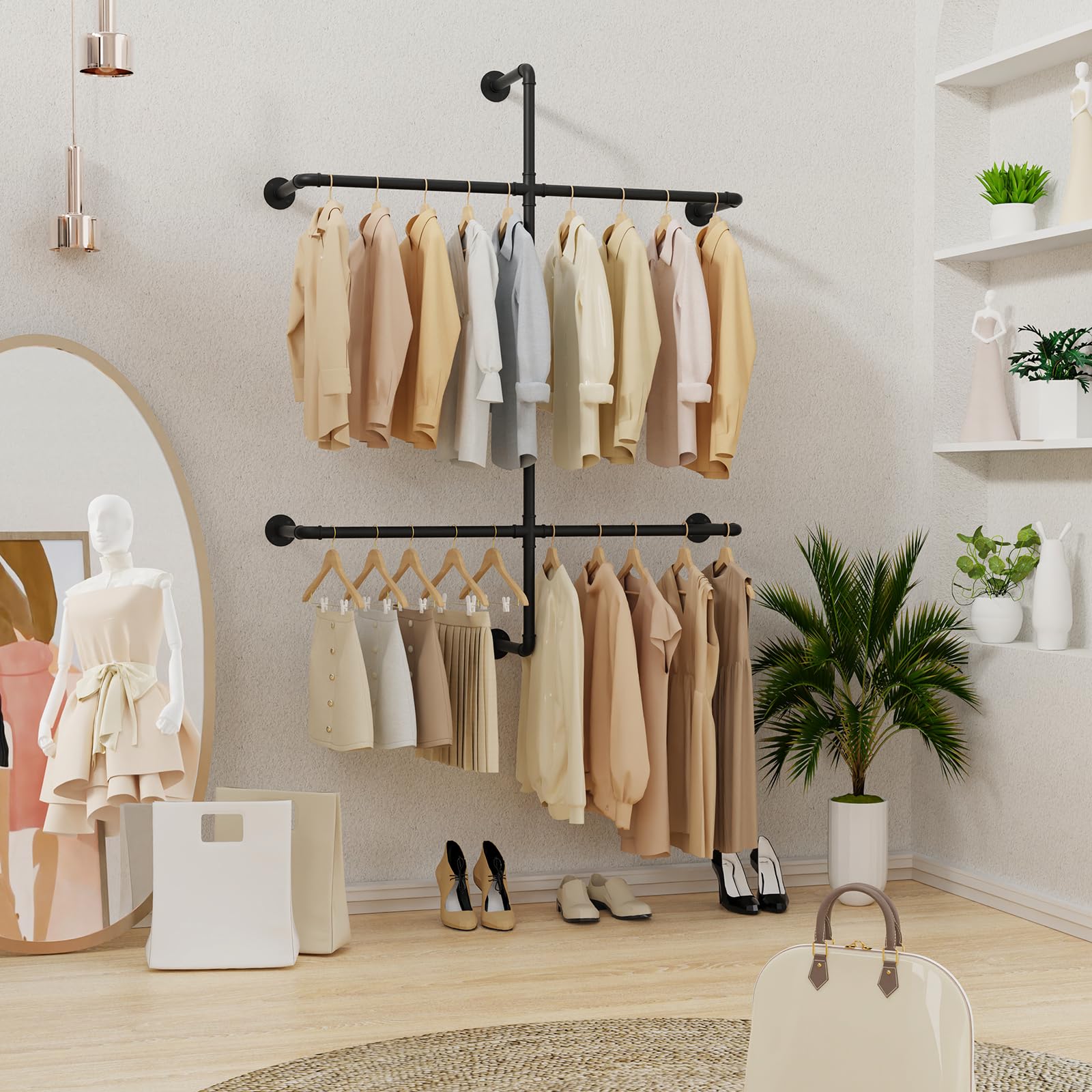 Yawinhe Barra Para Colgar Ropa de Pared,2 columnas Burro Ropa,Negro | Armario Abierto,Perchero Industrial Resistente;Barra Perchero de Tubos Metálicos para Dormitorio,para Tienda de Ropa