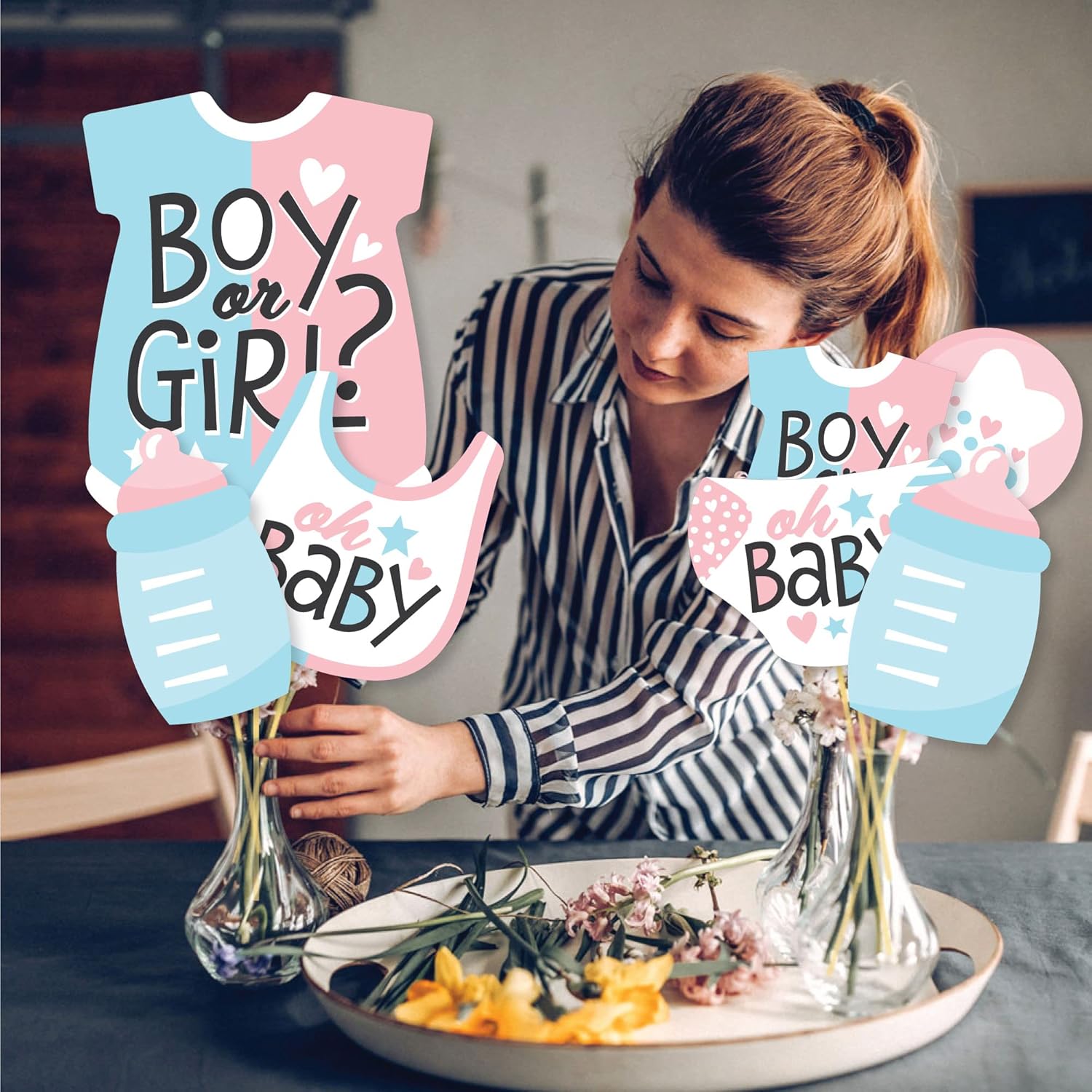 Big Dot of Happiness Baby Gender Reveal - Team Boy or Girl Party Centerpiece Sticks - Showstopper Table Toppers - 35 Pieces