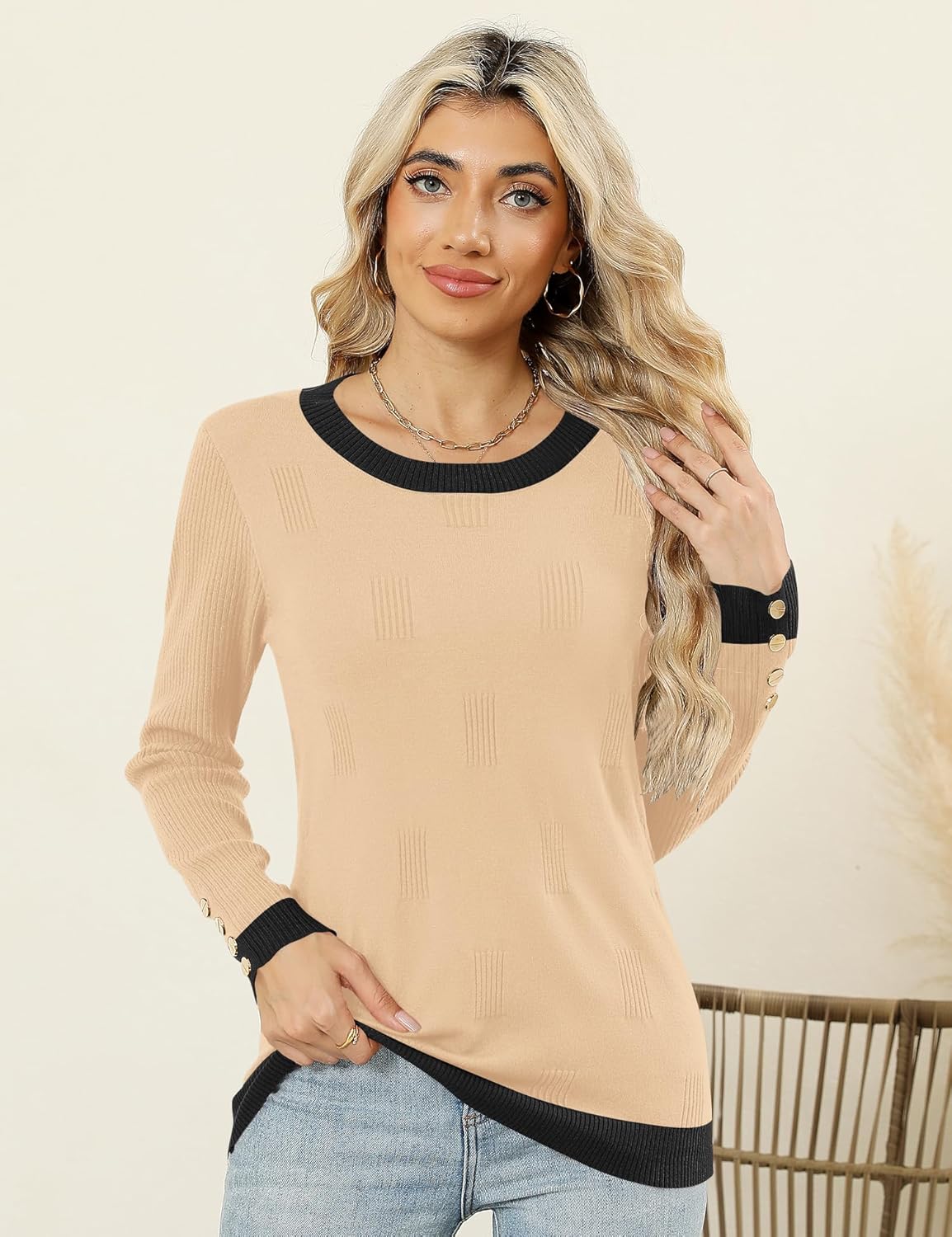 AKEWEI Womens Sweaters Long Sleeve Crew Neck Lightweight Knit Pullover Tops with Decorative Buttons - Image 3