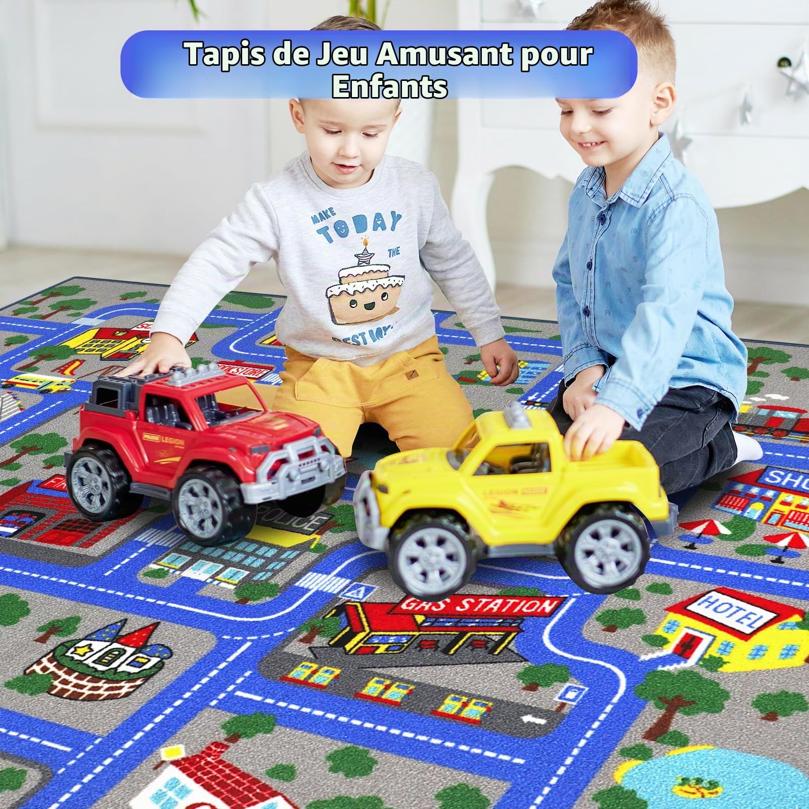 Capslpad Tapis de jeu pour enfants Town City Road Car - 150 x 200 cm - Antidérapant - Lavable en machine - Tapis d'exercice à poils courts - Tapis éducatif pour chambre d'enfant - Décoration de salle