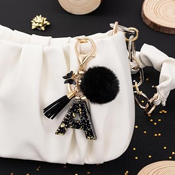 MWOOT Initial keychain,Resin Letter keychain,Cute Car Keyring Alphabet,Black Car Keychains Pompom Keychain