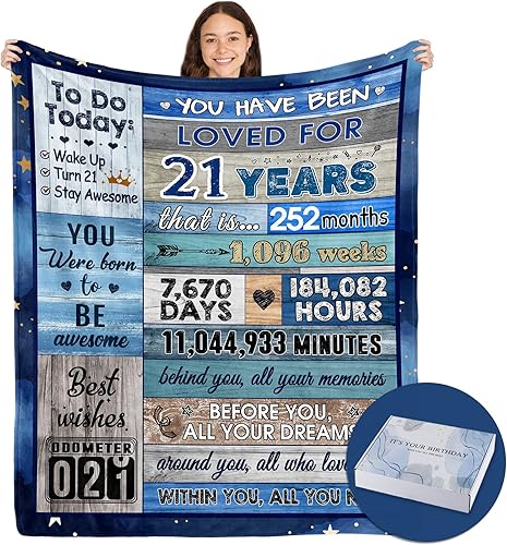 Regalo de 21 cumpleaños con caja de regalo, regalos de cumpleaños 21 para él, manta de 60 x 50 pulgadas, regalos de cumpleaños para hombres de 21