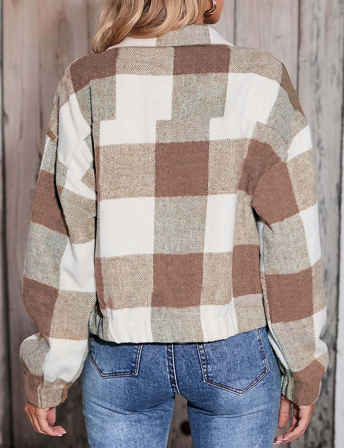 Womens Cropped Flannel Plaid Shacket Zip Up Shirts Jackets with Pockets - Image 4