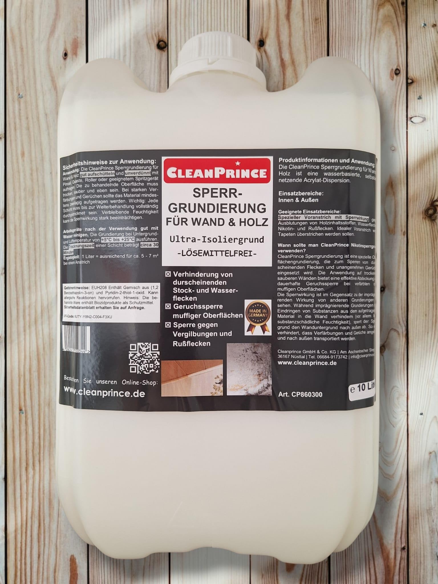 CleanPrince Sperrgrundierung für Wand und Holz 10 Liter | Ultra - Isoliergrund Sperrgrund Lösemittelfrei Geruchssperre | keine Farbe