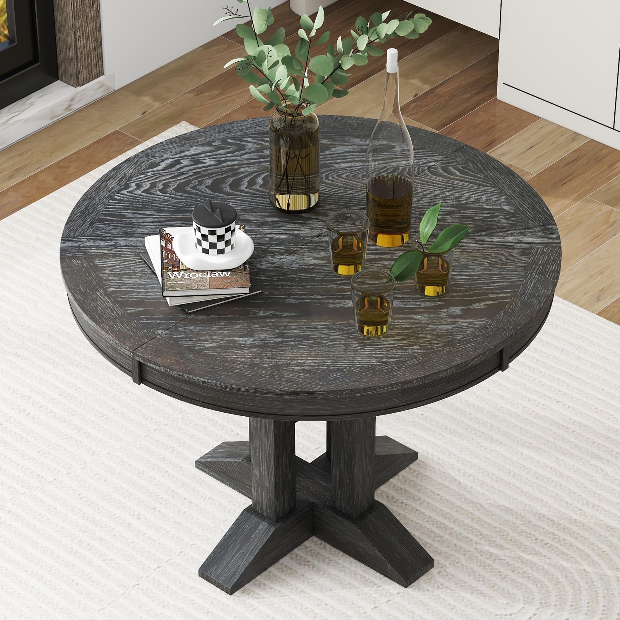 Farmhouse Extendable Round Dining Table Solid Wood 42