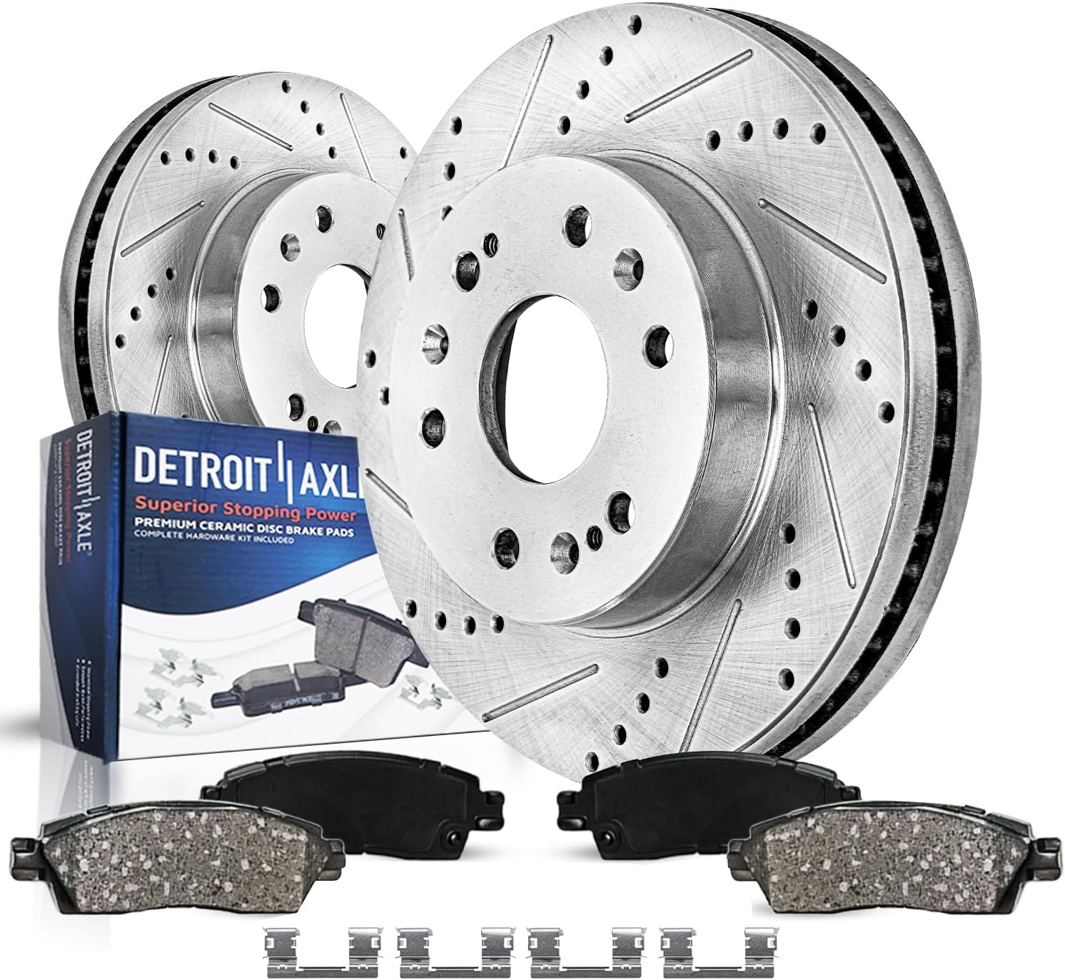 Detroit Axle - Front Brake Kit for Chevy GMC Silverado Sierra Suburban Express Savana 1500 Tahoe Yukon XL Escalade ESV EXT XTS Drilled & Slotted Brake Rotors Ceramic Brakes Pads : 12.99'' inch Rotor