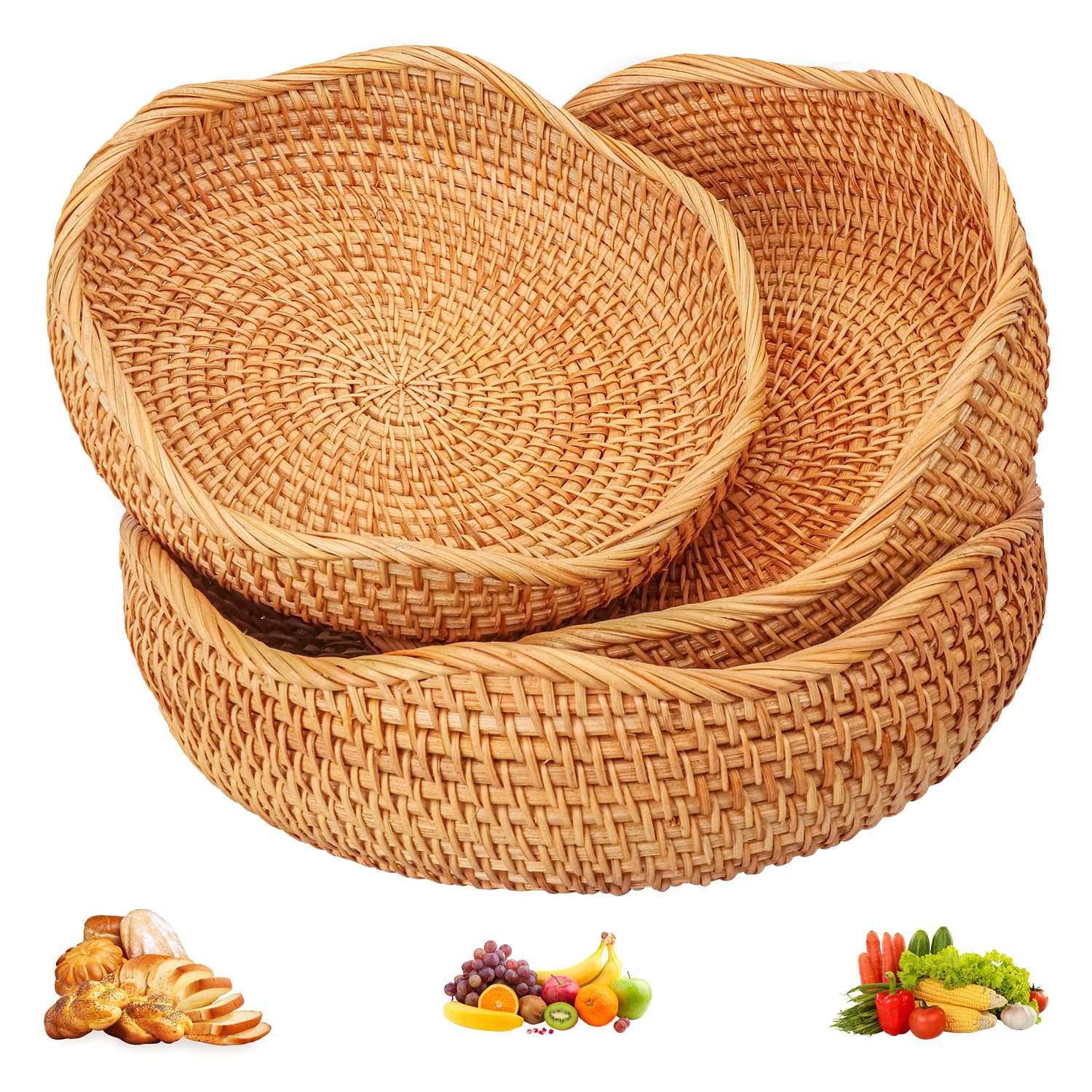 3 cestas de pan de ratán, 3 tamaños, auténticas cestas tejidas decorativas hechas a mano para cocina, cestas redondas de frutas, elegantes cuencos tejidos para servir mesa, decoración de