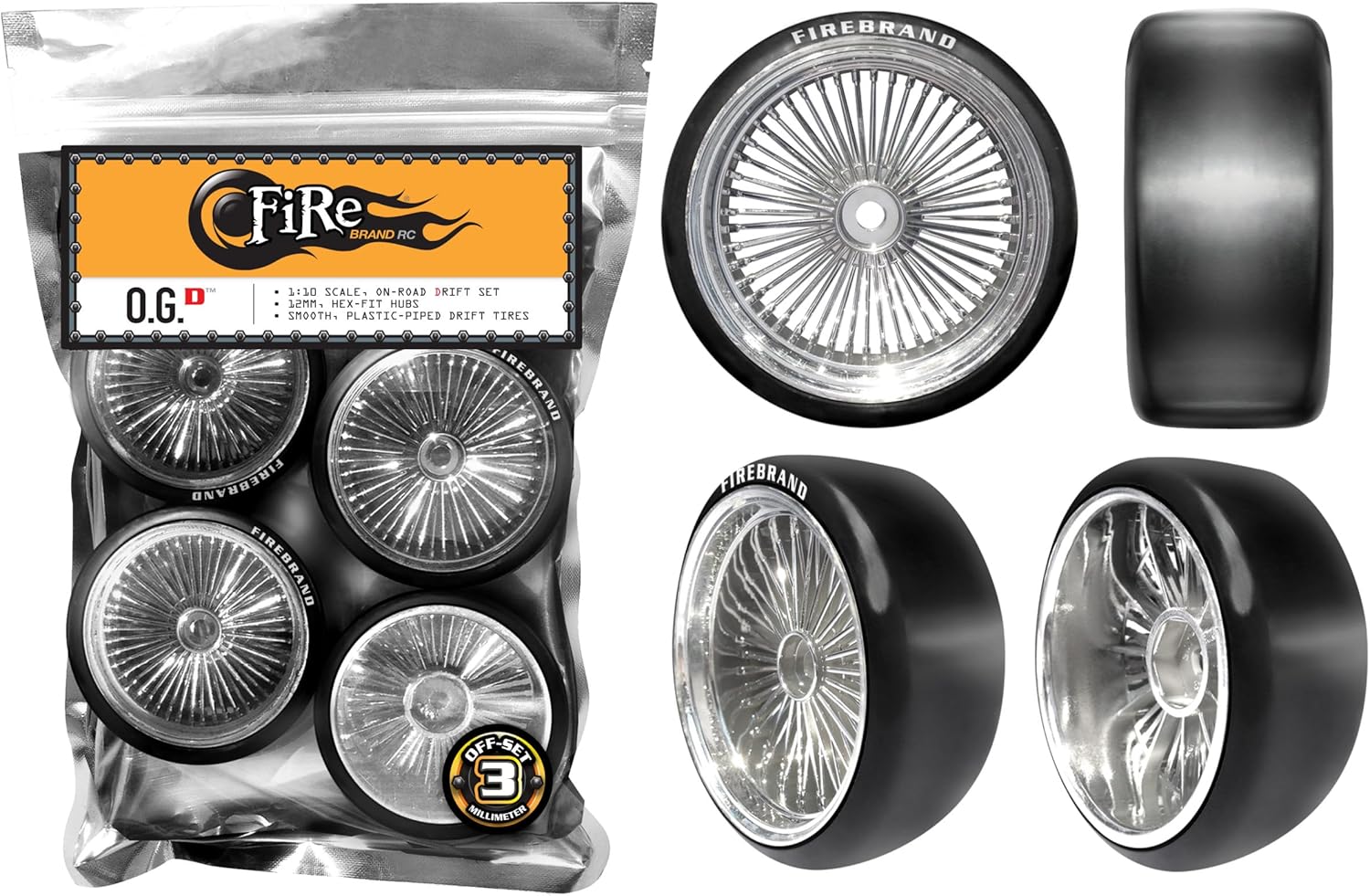 FIRE BRAND RC® O.G.–D™ ICE-Chrome™ On-Road RC Drift Wheels w/FireSickles™ Smooth Drift Tires, 1:10 Scale, 12mm Hex-fit w/3mm Off-Set (Set of 4), Pre-glued