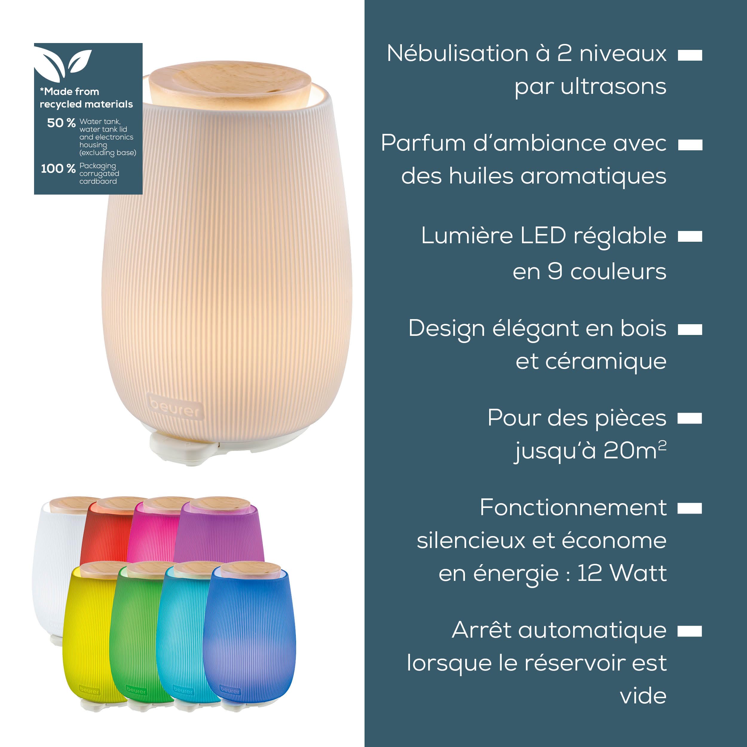 Beurer LA 45 Diffuseur d'arôme pour huiles essentielles, nébuliseur à ultrasons pour aromathérapie, lumière LED en 9 Couleurs, boîtier en céramique & Couvercle en Bois, minuterie & arrêt Automatique