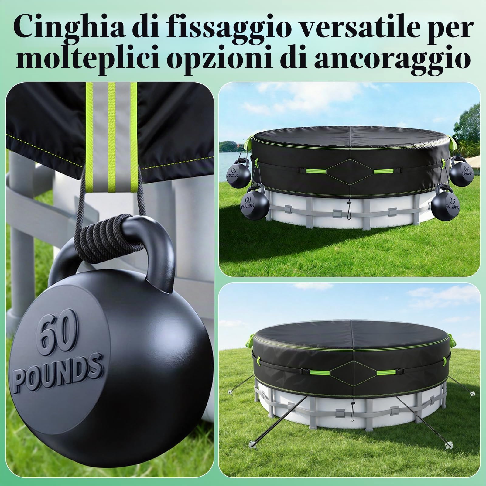 Copertura per Piscina Rotonda Ø 365, Telo per Piscina Precisa Ø320-360 cm | con Fascia Riflettente e Picchetti Terra,Telo di Copertura con Protezione UV,Antipolvere,Per Piscine Fuori Terra e Trampolini
