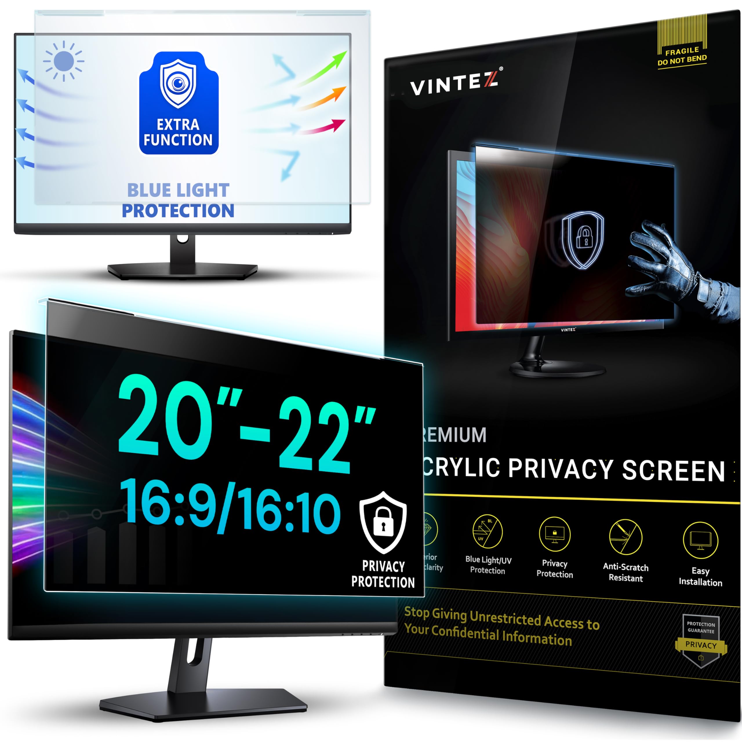 Universal Acrylic 20, 20.2, 21.5, 21.6, 22 Inch Computer Privacy Screen Filter for Widescreen Computer Monitors - 19.4" x 12.6"(492 x 319mm) - Monitor Frame Hanging Type