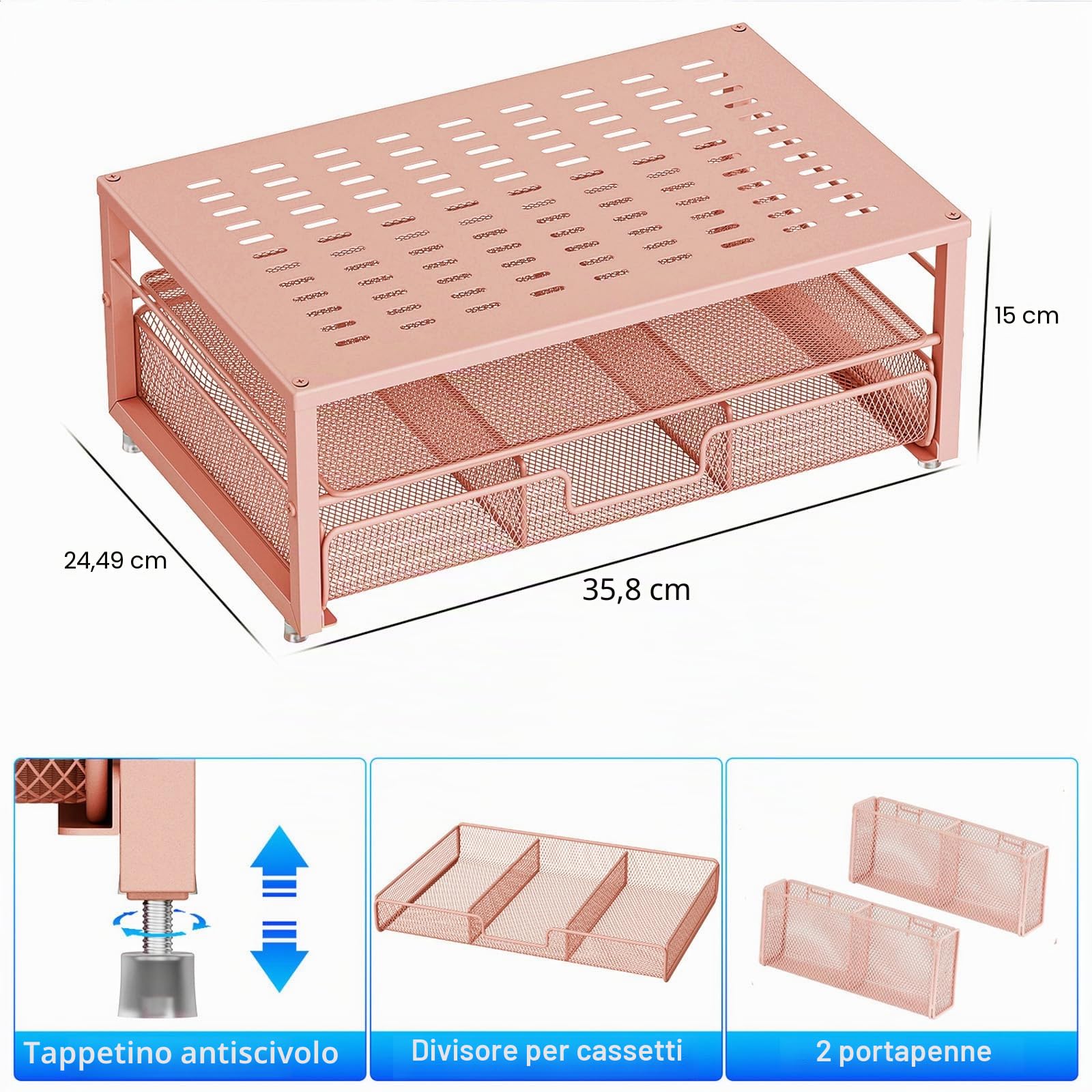 gianotter Supporto da scrivania per computer con cassetto e 2 portapenne, organizer da scrivania da donna, HomeOffice Essentials (oro rosa)