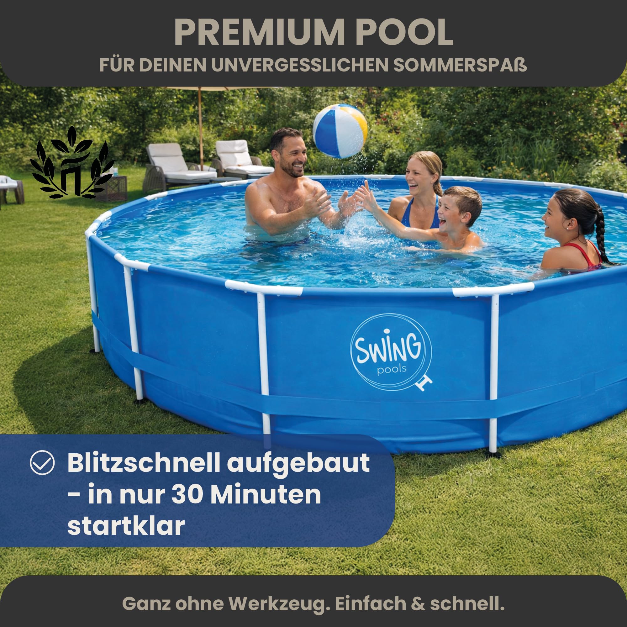 HAF Swing Frame Pool rund Grau Fischgräte Ø 305 cm 76 cm tief Gartenpool 4.500 Liter UV-geschützt korrosionsbeständig Metallrahmen