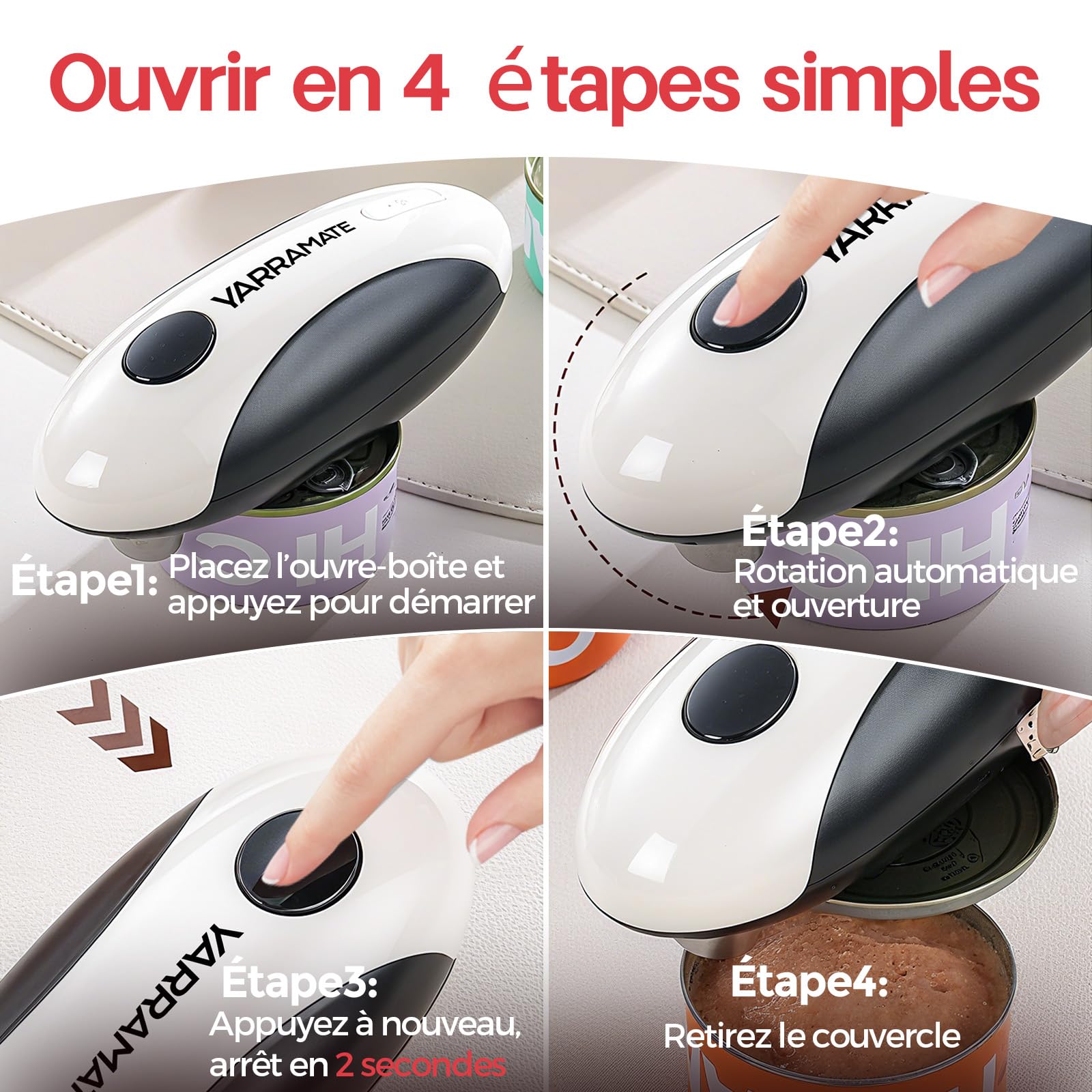 YARRAMATE Ouvre Boite Electrique Rechargeable – Ouvre-boite de Conserve Automatique à Une Touche, Bord Lisse, Mains Libres pour Seniors, avec Sac de Rangement, Portable Voyage Camping Cadeau