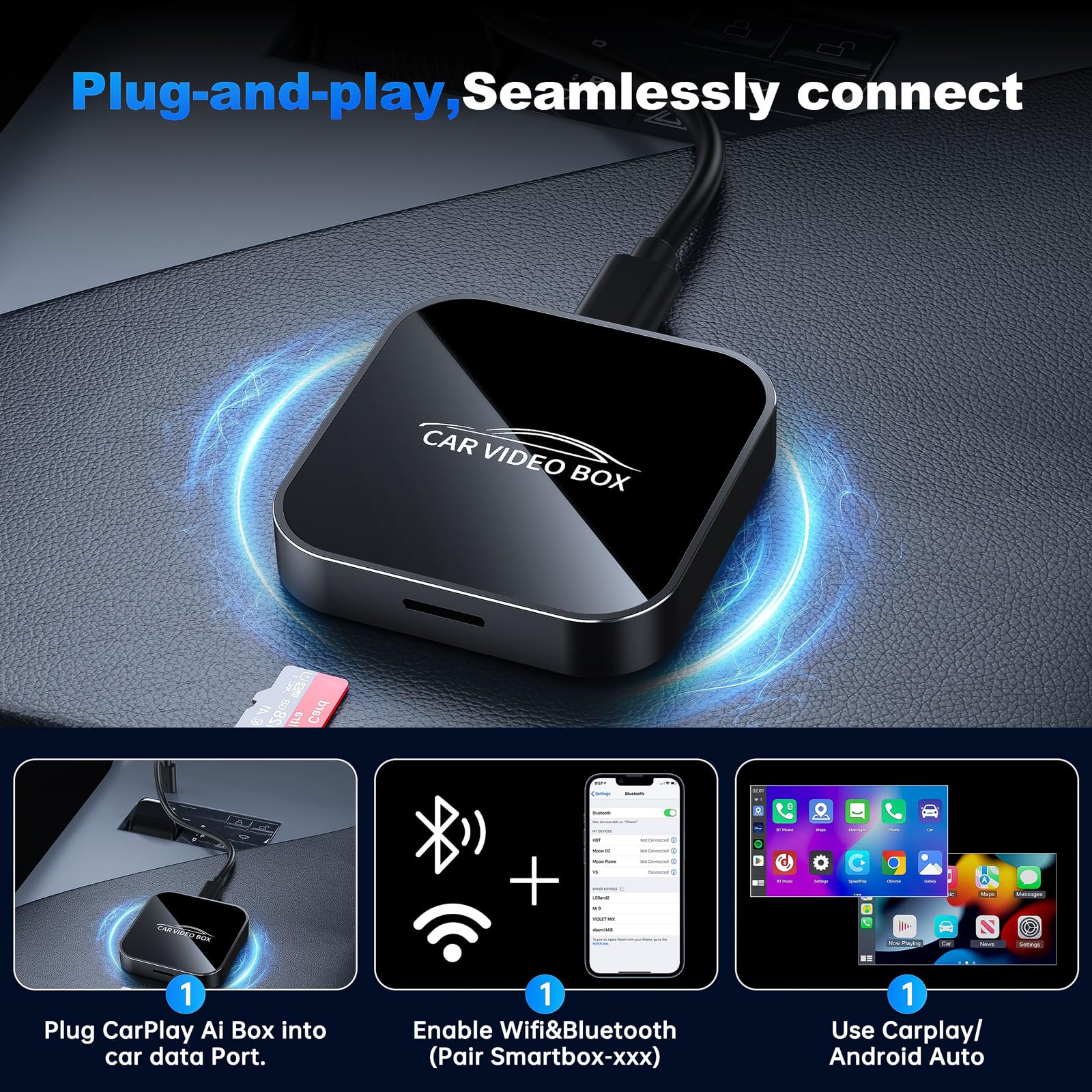 Wireless CarPlay & Android Auto Adapter mit YouTube/Netflix/TF-Karte,2025 Upgrade CarPlay 2GB+16GB AI Box Stabiler für Fahrzeuge mit kabelgebundenem CarPlay ab 2016,Plug & Play Mit USB-A & USB-C Kabel