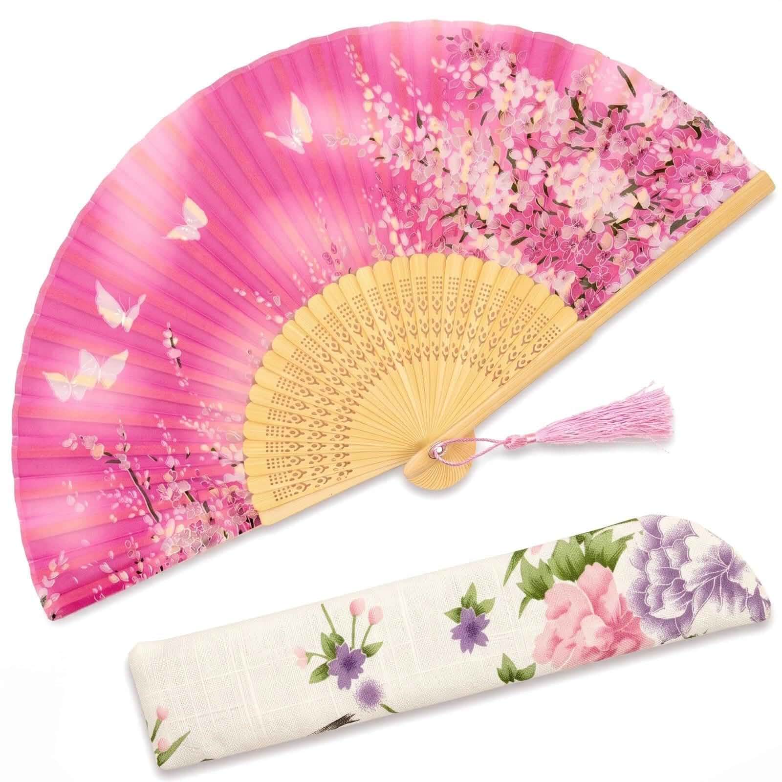 OMyTea® Women Hand Held Silk Folding Fans with Bamboo Frame - with a Fabric Sleeve for Protection for Gifts - Sakura Cherry Blossom Pattern (WZS-3) Silk