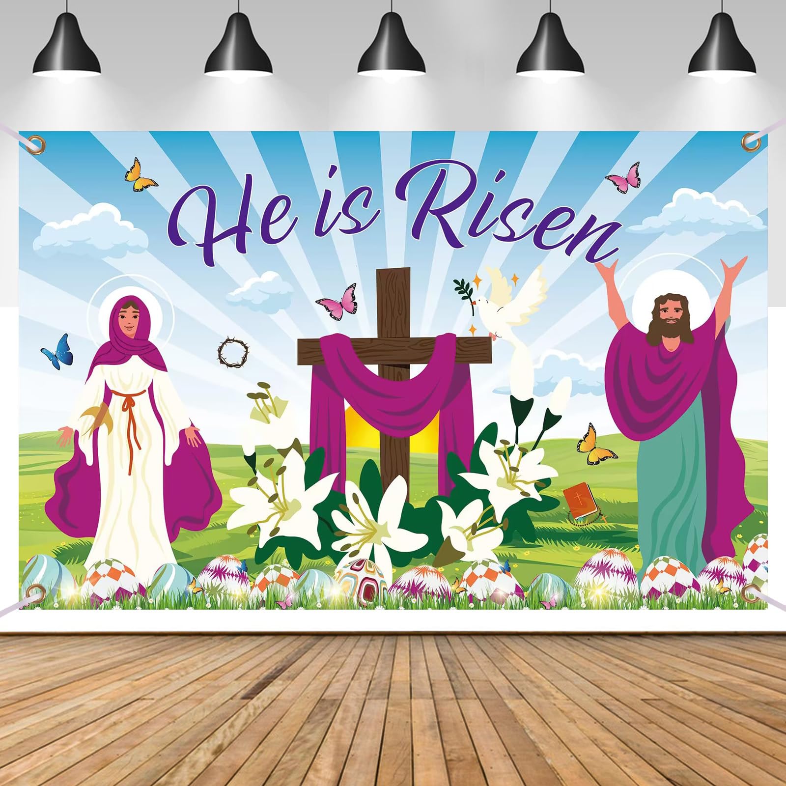 Religious Spring Banner Happy Easter Glittering Banner Brown Card