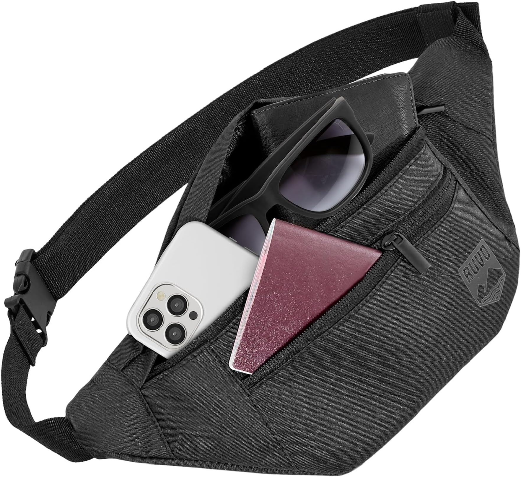 RUVO® Bum bag for men and women, stylish belt bag for maximum storage space, 4 compartments, each with zip, suitable for all activities, black, standard size, bum bag