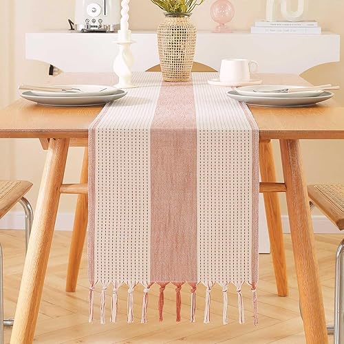 Miniatura 2 de Camino de mesa rústico de granja de 90 lches, estilo arpillera largo, 13 x 90 pulgadas, camino de mesa trenzado hecho a mano con borlas para