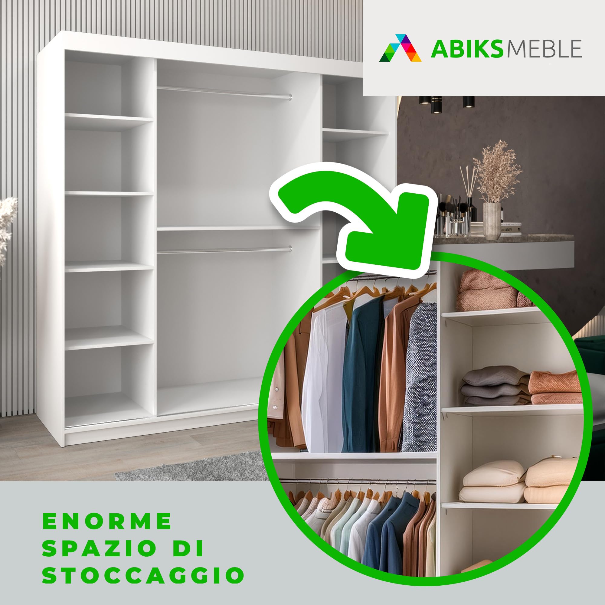 ABIKSMEBLE Verona 4 200 Armadio a Due Ante Scorrevoli per Camera da Letto - Armadio Moderno con Specchio, Appendiabiti e Ripiani - 200x200x62 cm - Bianco Opaco