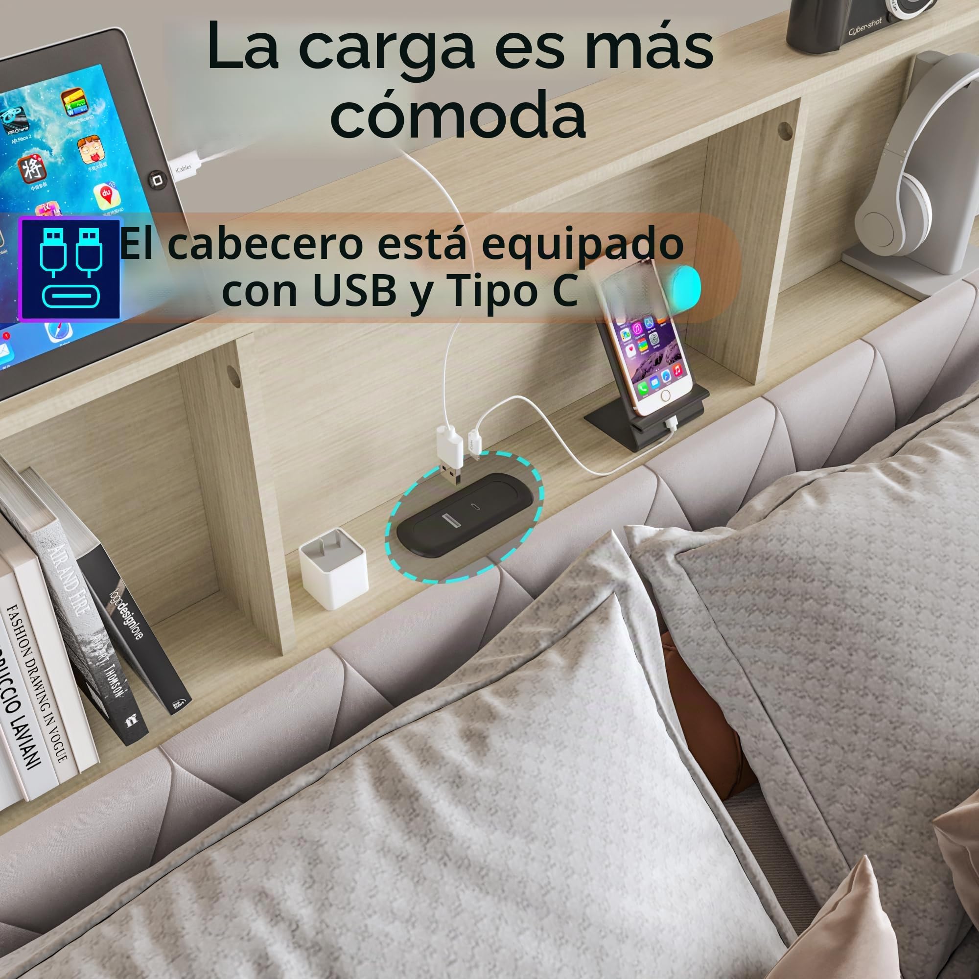 Cama tapizada 140x200 con Cabecero LED y USB, Camas Matrimoniales con 4 Cajones, Cama Juvenil, Estructura Camas Doble con Lamas de Madera, Terciopelo Beige, Sin Colchón (Beige, 140 x 200 cm)